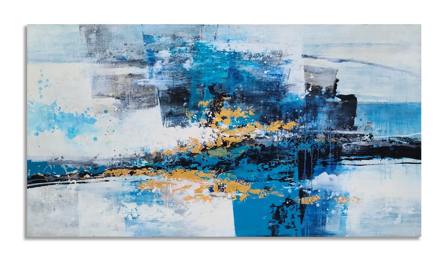 YHSKY ARTS Handmade Abstract Canvas Wall Art - Modern Blue & Gold Oil Painting - Large Contemporary Wall Decor for Living Room, Bedroom, Dining Room | Perfect for Home & Office Interior Design