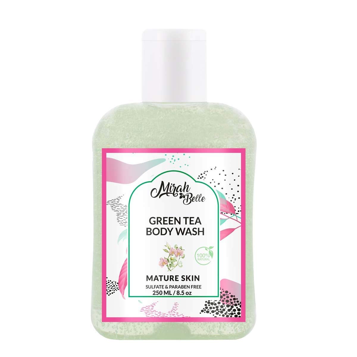 Mirah Belle Natural Green Tea Body Wash 250ml - Anti-Aging & Firming for Mature Skin - Sulfate & Paraben Free - Gentle Cleanser for Men & Women - Perfect for Daily Shower & Spa Relaxation