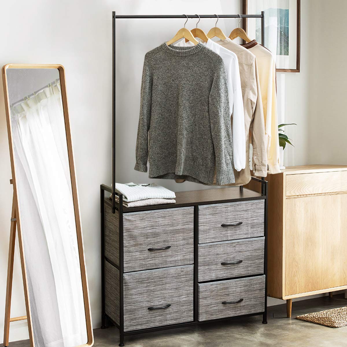 Tangkula 5-Drawer Fabric Dresser with Clothes Rack - Sturdy Metal Frame & Wooden Top Storage Organizer for Bedroom, Closet, Hallway - Perfect for Clothes, Toys, and Home Organization (Gray)