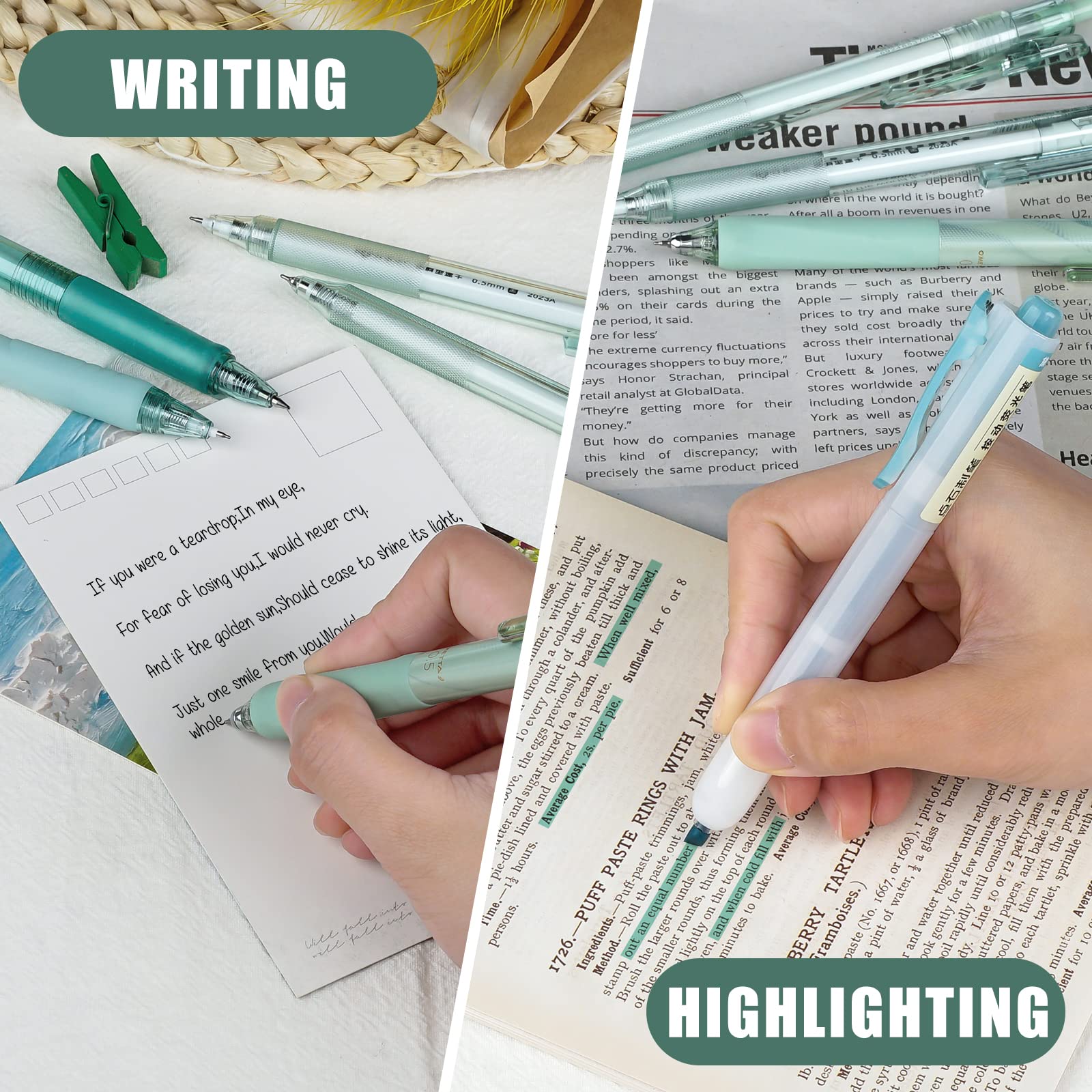 Pastel Gel Pens 12-Pack with Highlighter - 0.5mm Fine Point Retractable Pens for School, Office & Note Taking (Green)