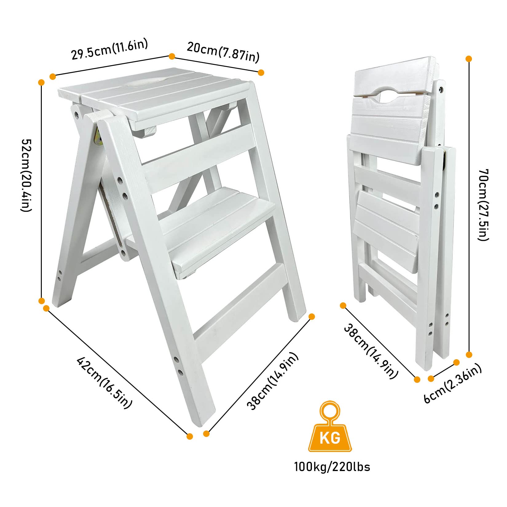 2-Step Folding Wooden Step Stool with Wide Anti-Slip Pedal - Kitchen, Library & Home Use - White