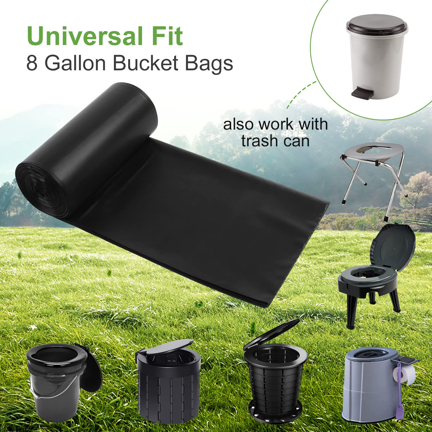 100 Biodegradable Portable Toilet Bags - 8 Gallon Drawstring Waste Bags for Camping, Hiking & Travel | Fits 5-8 Gallon Bucket Toilets | Eco-Friendly Outdoor Sanitation Solution for RV, Car & Emergency Preparedness