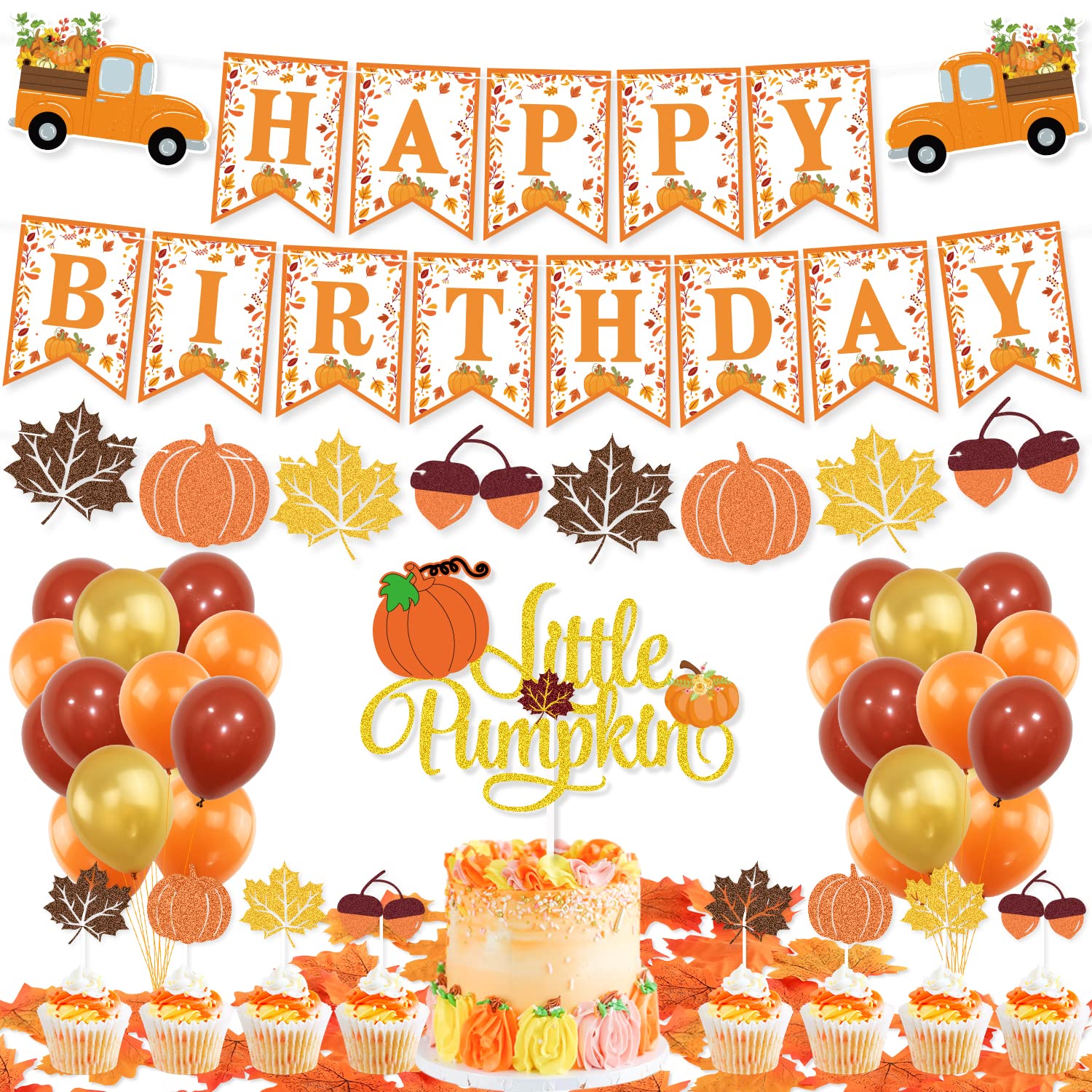 K KUMEED Fall Party Decorations - Little Pumpkin Banner, Maple Leaves Cake Topper & Latex Balloons for Baby Shower, Birthday, Thanksgiving | Autumn Theme Party Supplies for Home & Outdoor Decor