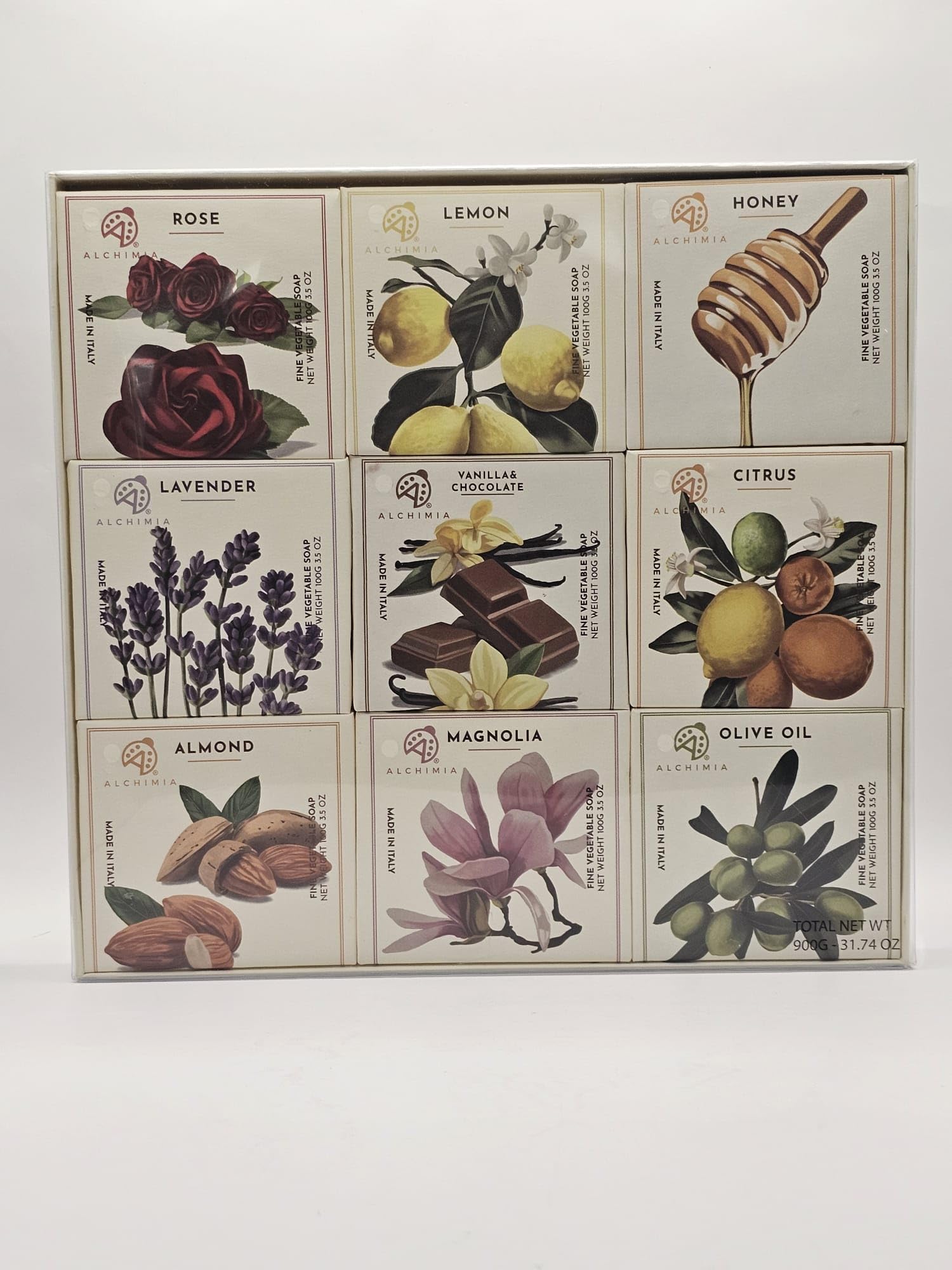 Alchimia Handmade Soap Variety Pack - 9 Bars (3.5 Oz Each) with Rose, Lemon, Honey, Lavender, Vanilla Chocolate, Citrus, Almond, Magnolia & Olive Oil Scents | Imported from Italy | Perfect for Gifts, Spa Days & Luxury Bathing