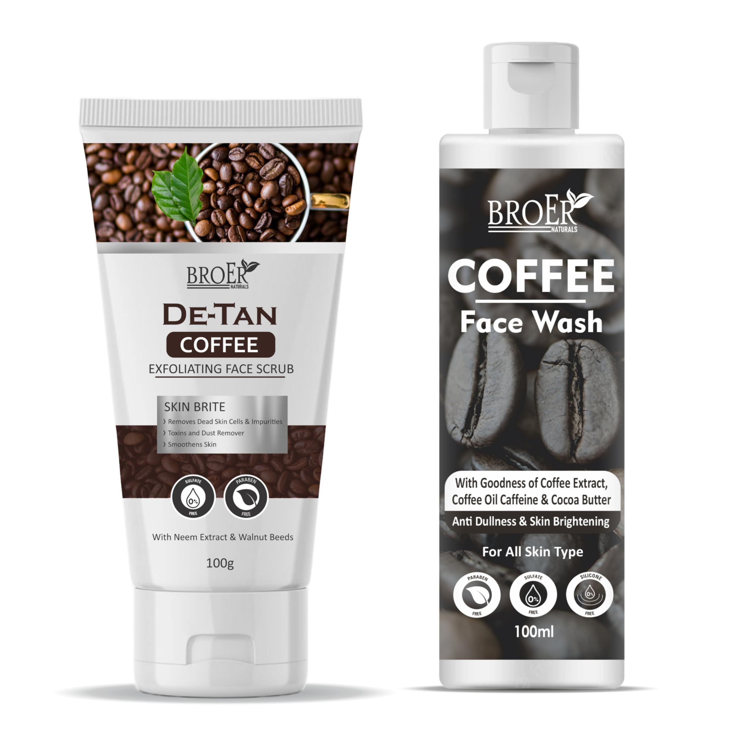 BROER Coffee Face Wash & Scrub Combo Pack (100ml Each) - Caffeine, Coffee & Cocoa Butter for Pollution Protection & Tan Removal | Sulfate & Paraben Free | Pack of 2 | Perfect for Morning Skincare Routine & Travel Essentials