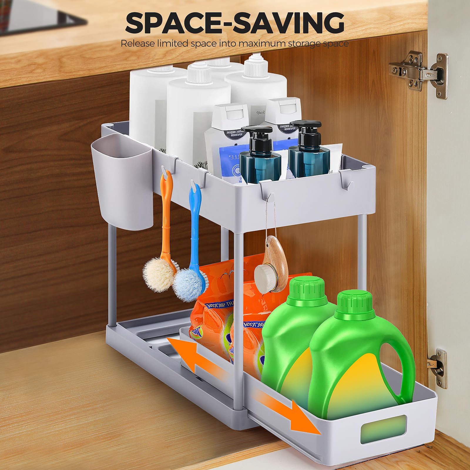 Ravinte 1 Pack Pull Out Under Sink Organizer - 2 Tier Sliding Cabinet Storage for Bathroom & Kitchen - Multi-Purpose Sink Organizer with Hook & Hanging Cup (Grey) - Perfect for Small Spaces, Clutter-Free Organization Under Sink