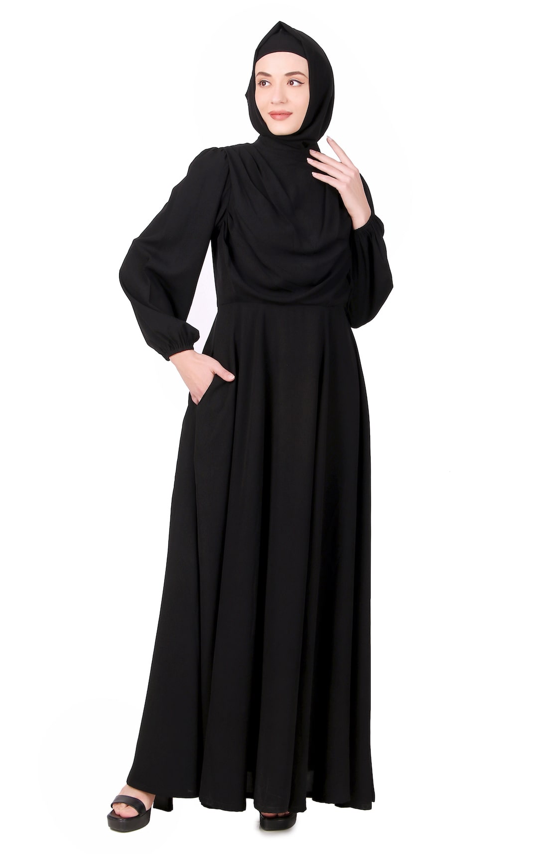 Elegant Black Cowl Neck Nida Abaya - Modest Islamic Dress for Women - Perfect for Prayer, Eid, and Special Occasions