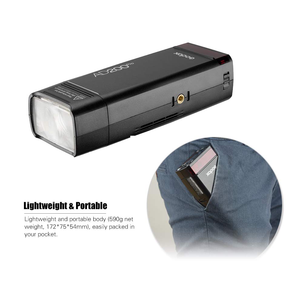 Godox AD200Pro 200WS 2.4G TTL Pocket Flash with 2900mAh Battery - HSS 1/8000s, Speedlite/Bare Bulb Strobe for Nikon, Sony, Fujifilm, Canon, Panasonic, Pentax & Olympus - Perfect for Portrait, Wedding & Studio Photography