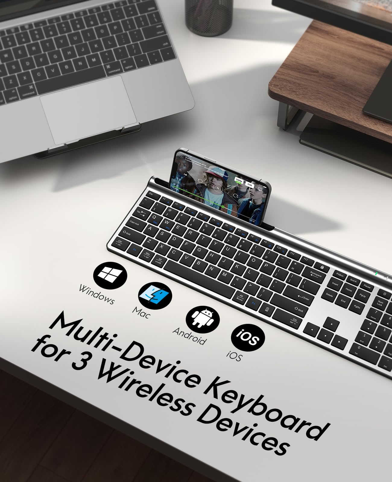 CHESONA Wireless Keyboard and Mouse Combo with Phone Stand - Rechargeable Full-Size Multi-Device Bluetooth 5.0/3.0/2.4G for Windows, Mac, iOS, Android - Silver Black for Home Office, Gaming & Remote Work