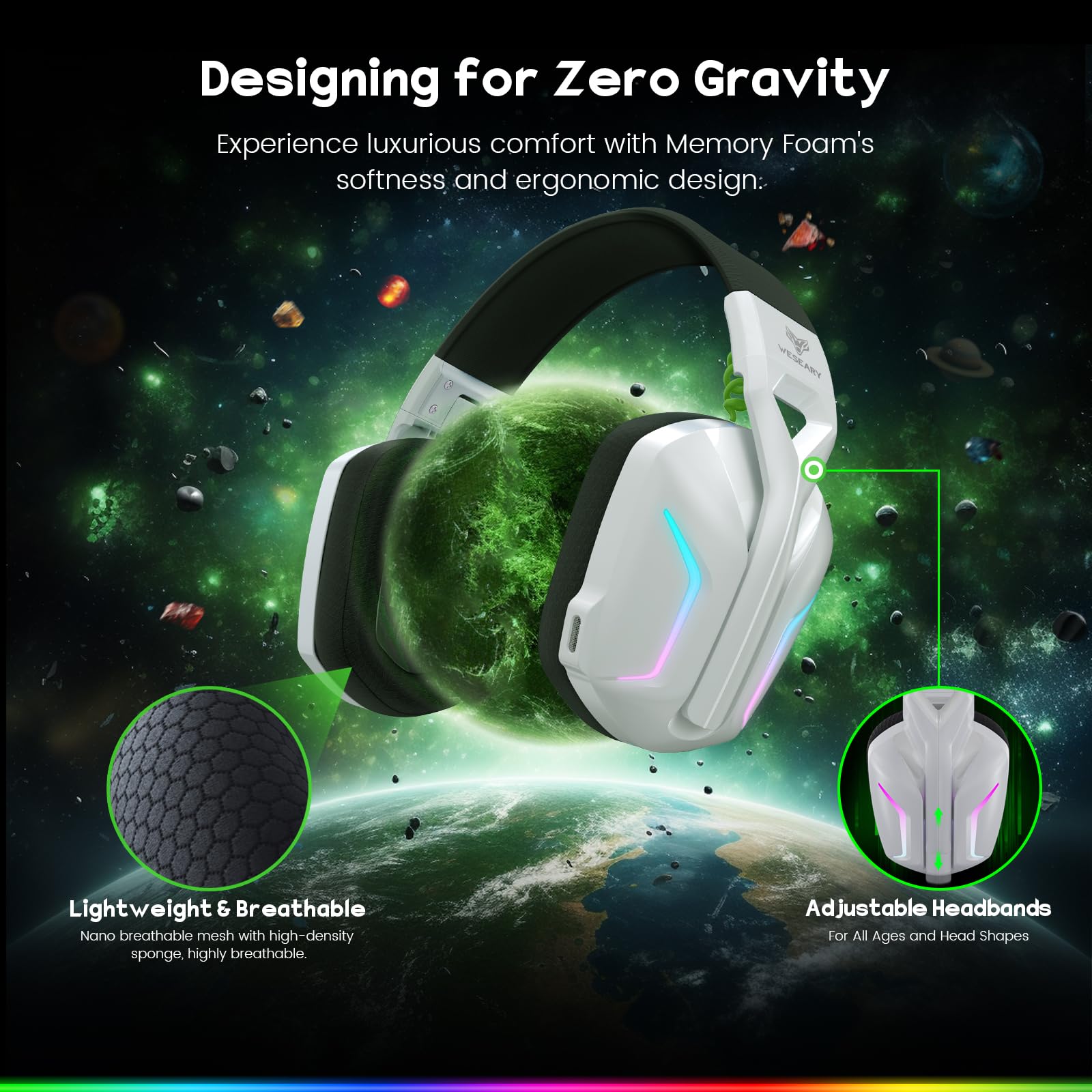 Wireless Gaming Headset for PS5, PC, PS4, Switch & Mac - 2.4GHz USB & Bluetooth 5.4 Headphones with Microphone, 50Hr Battery, RGB Lights & Ergonomic Design - Perfect for Competitive Gaming, Streaming & Online Meetings