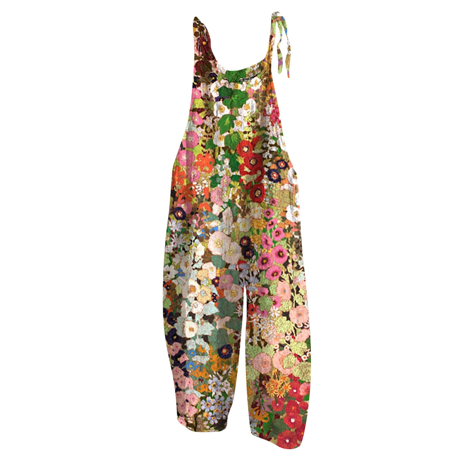 Women's Floral Cotton Jumpsuit - Sleeveless Spaghetti Strap Romper with Tie Detail for Casual Outings, Summer Picnics & Beach Vacations