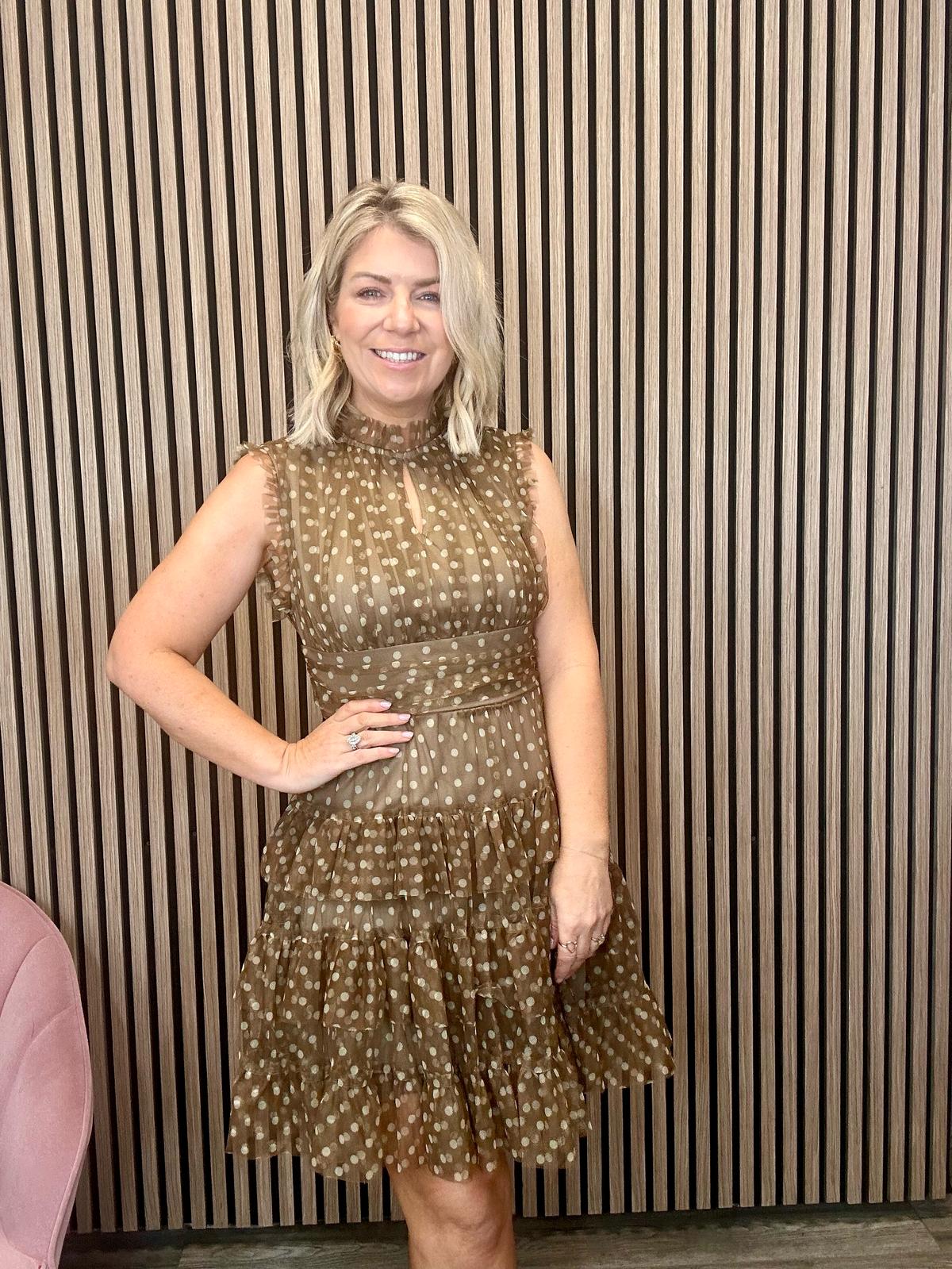 Ameriga Tulle Mini Dress - Coffee Polka Dot Party Dress for Women, Elegant Cocktail Dress for Evening Events, Date Nights & Special Occasions