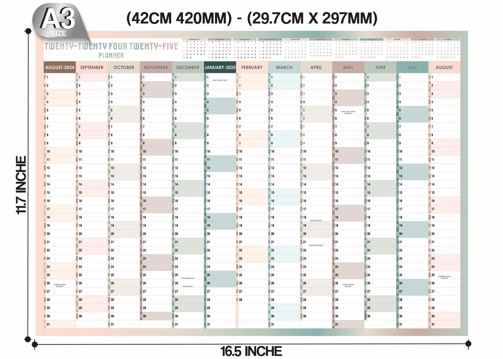 2024-2025 A3 Wall Planner - Academic Year Calendar from August to August | Large Yearly Study Organizer for School, Office & Home | 29.7 x 42 cm Foldable Poster | Perfect for Classroom Scheduling, Student Planning & Work Task Management