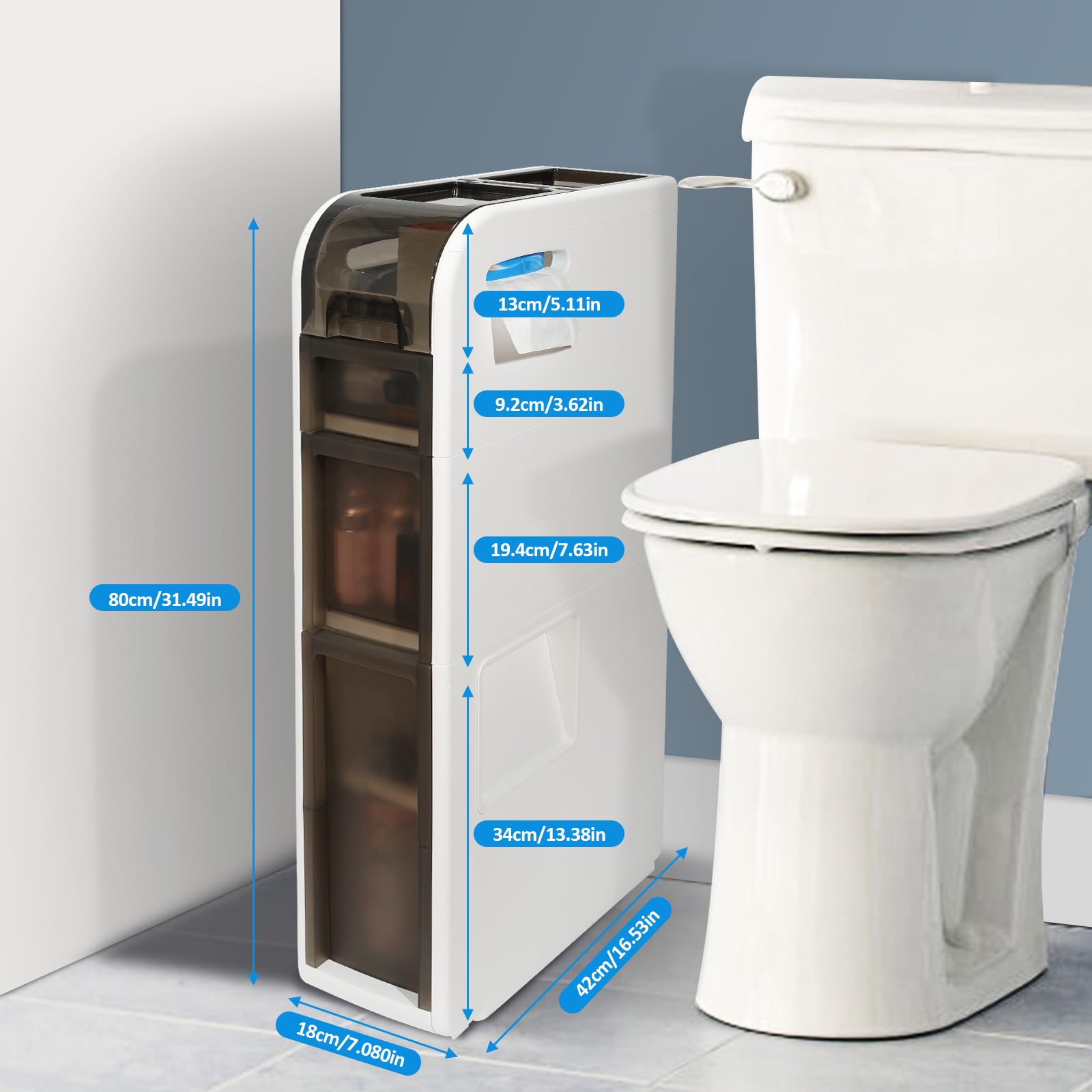 Slim Waterproof Narrow Bathroom Storage Cabinet with Drawers & Toilet Paper Holder - Compact 3-Tier Organizer for Small Spaces - Perfect for Bathroom, Toilet, and Vanity Organization