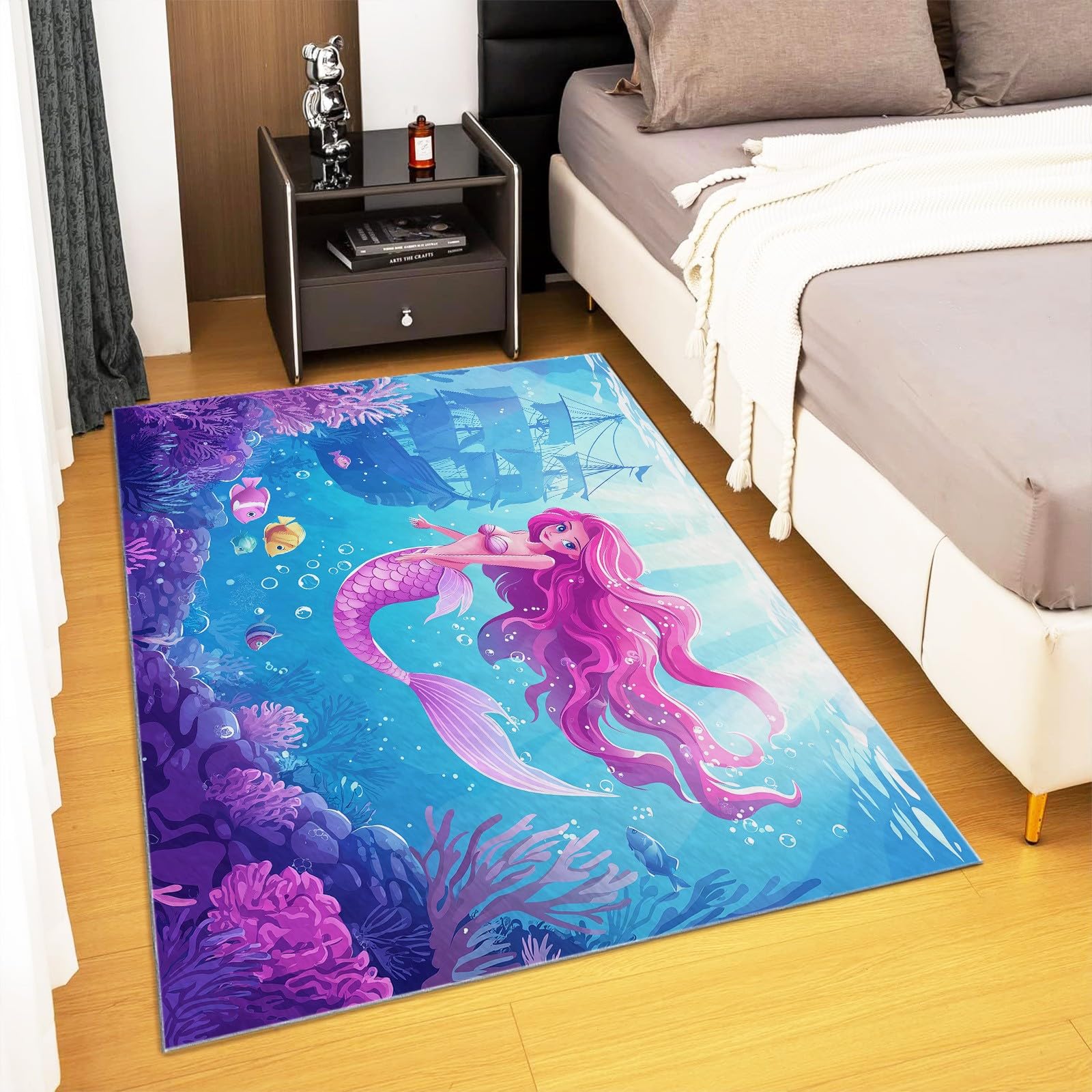 5x7 ft Cartoon Fish Coral & Shipwreck Non-Slip Area Rug - Soft Washable Indoor Living Room Carpet for Bedroom, Dining Room, Playroom & Nursery - Perfect for Coastal Themed Home Decor & Kids Room Floor Mat