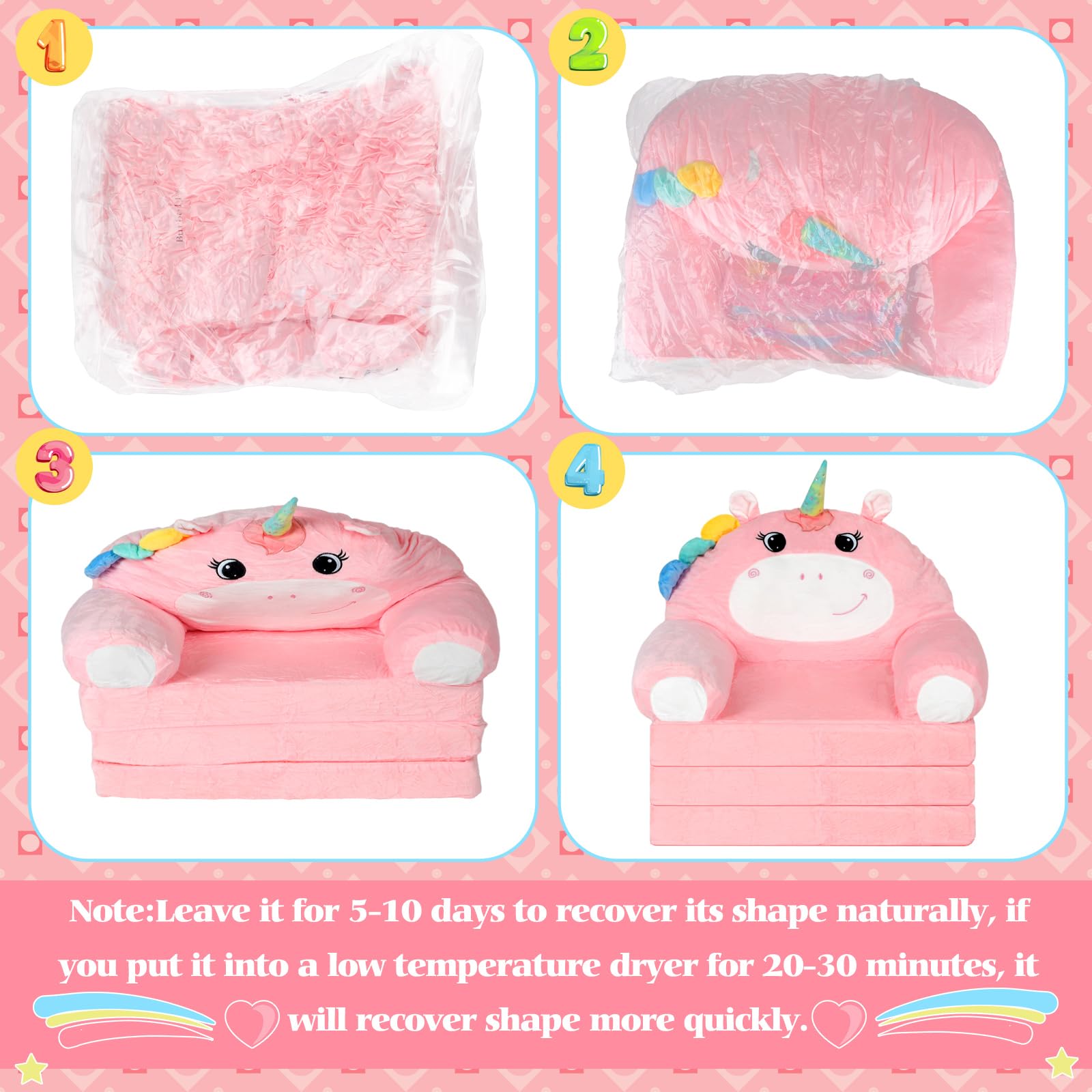 **Unicorn Toddler Chair 2-in-1 Convertible Sofa to Lounger - Foldable Kids Couch with Soft Velvet Blanket, Comfy Pink Toddler Furniture for Playroom & Nursery**