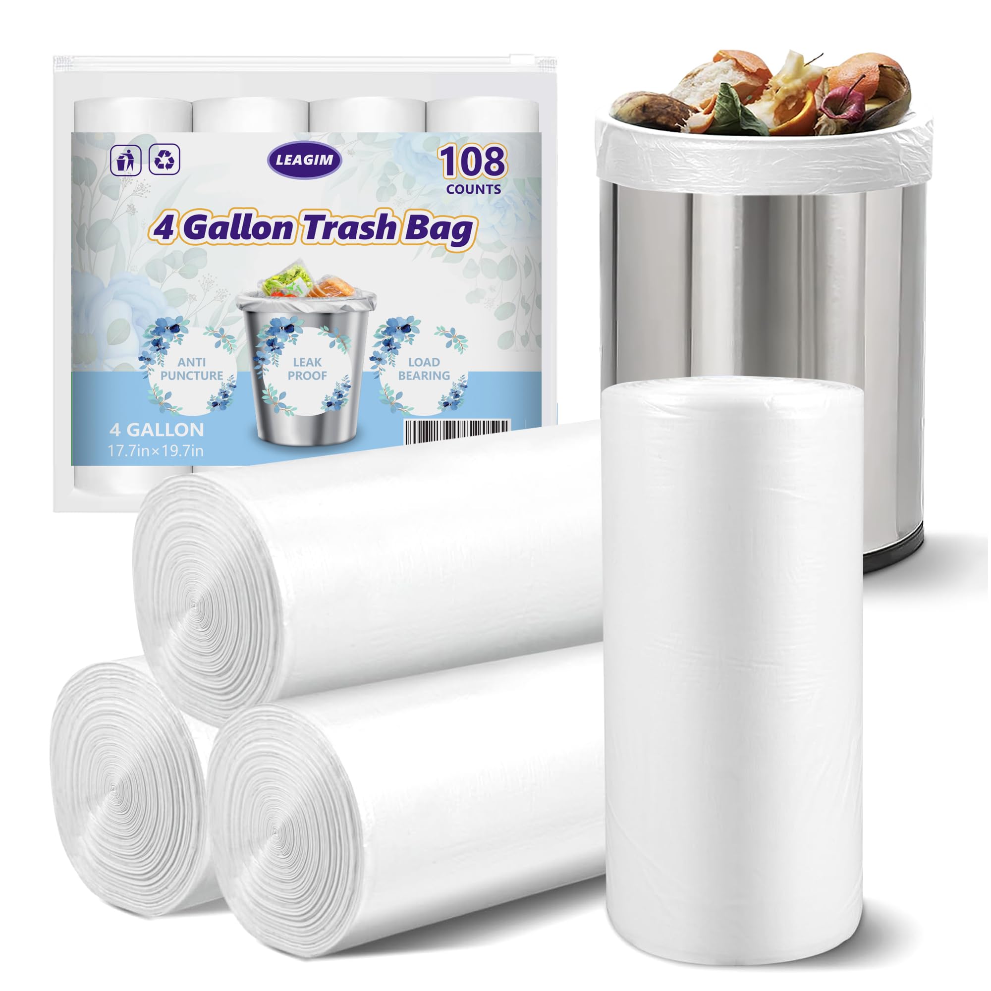 4 Gallon Small Trash Bags - 108 Count Leak-Proof Garbage Bags for Office, Bedroom & Bathroom | Unscented White 15L Trash Can Liners | Perfect for Small Waste Bins, Desk Side & Bathroom Use