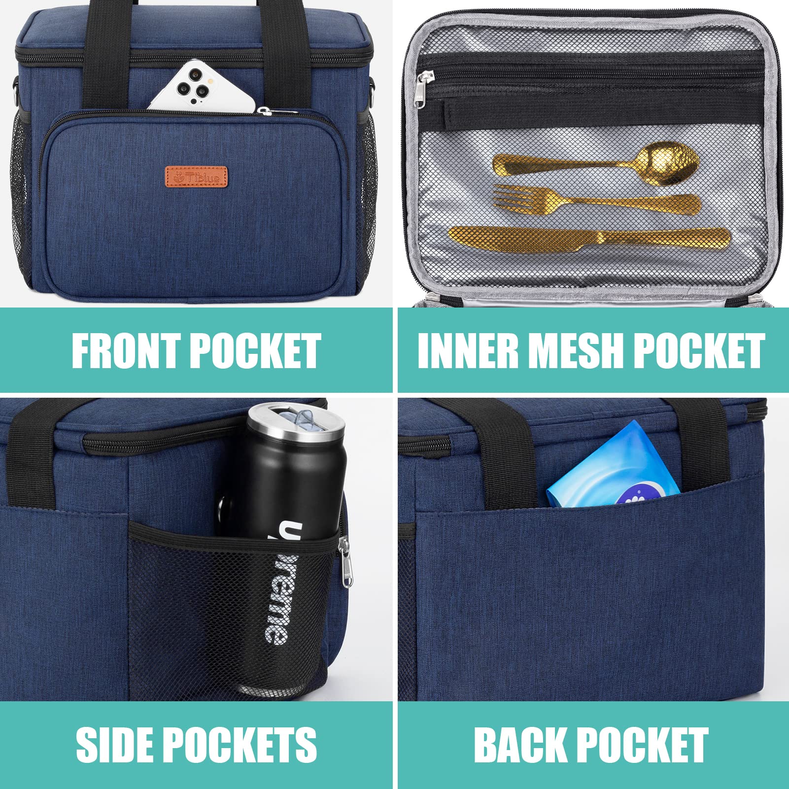 Insulated Lunch Bag for Women & Men - Reusable Leakproof Cooler Tote for Office, School, Picnic & Beach - Freezable Lunch Box with Adjustable Shoulder Strap for Kids & Adults - Navy Blue | Perfect for Work Commutes, School Lunches & Outdoor Activities