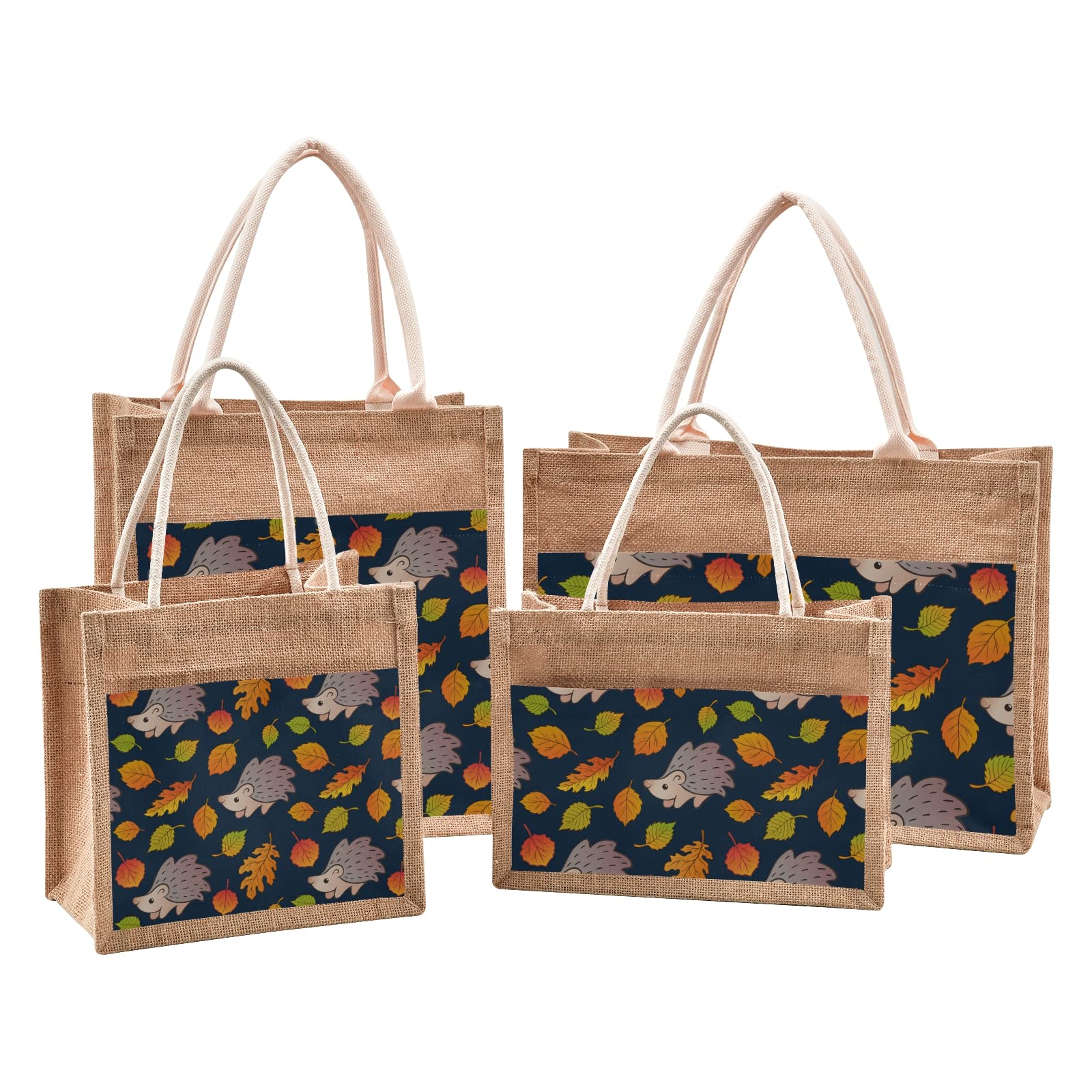 Stylish Sinestour Autumn Fall Leaves Hedgehog Jute Tote Bag - Eco-Friendly Burlap Handbag with Handle for Beach, Shopping & Groceries - Perfect Gift for Nature Lovers