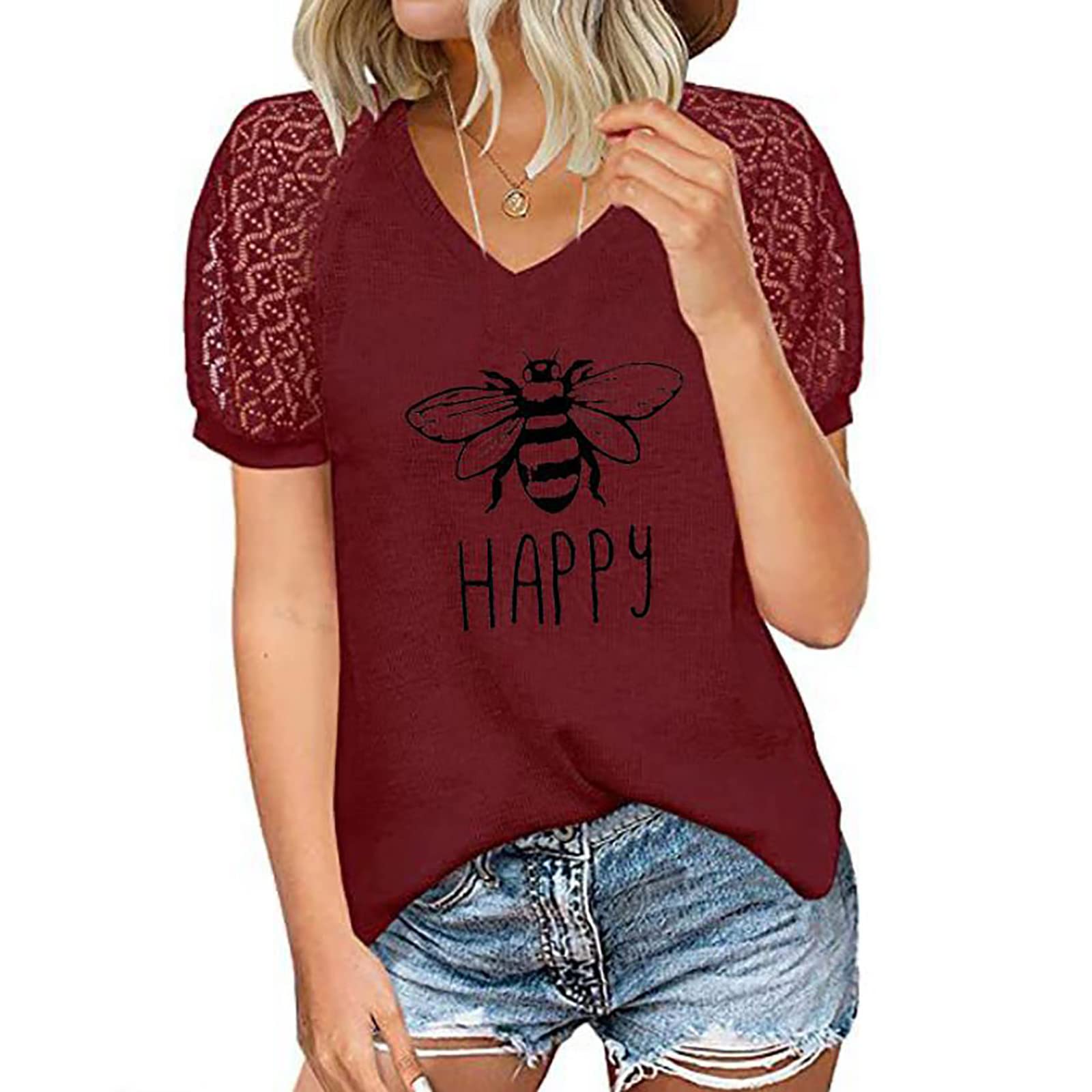 Trendy Floral Print V-Neck Tunic Blouse for Women - Spring Fashion Short Sleeve Hollow Out Tops - Perfect for Casual Wear, Office Outfits & Summer Vacation Outings