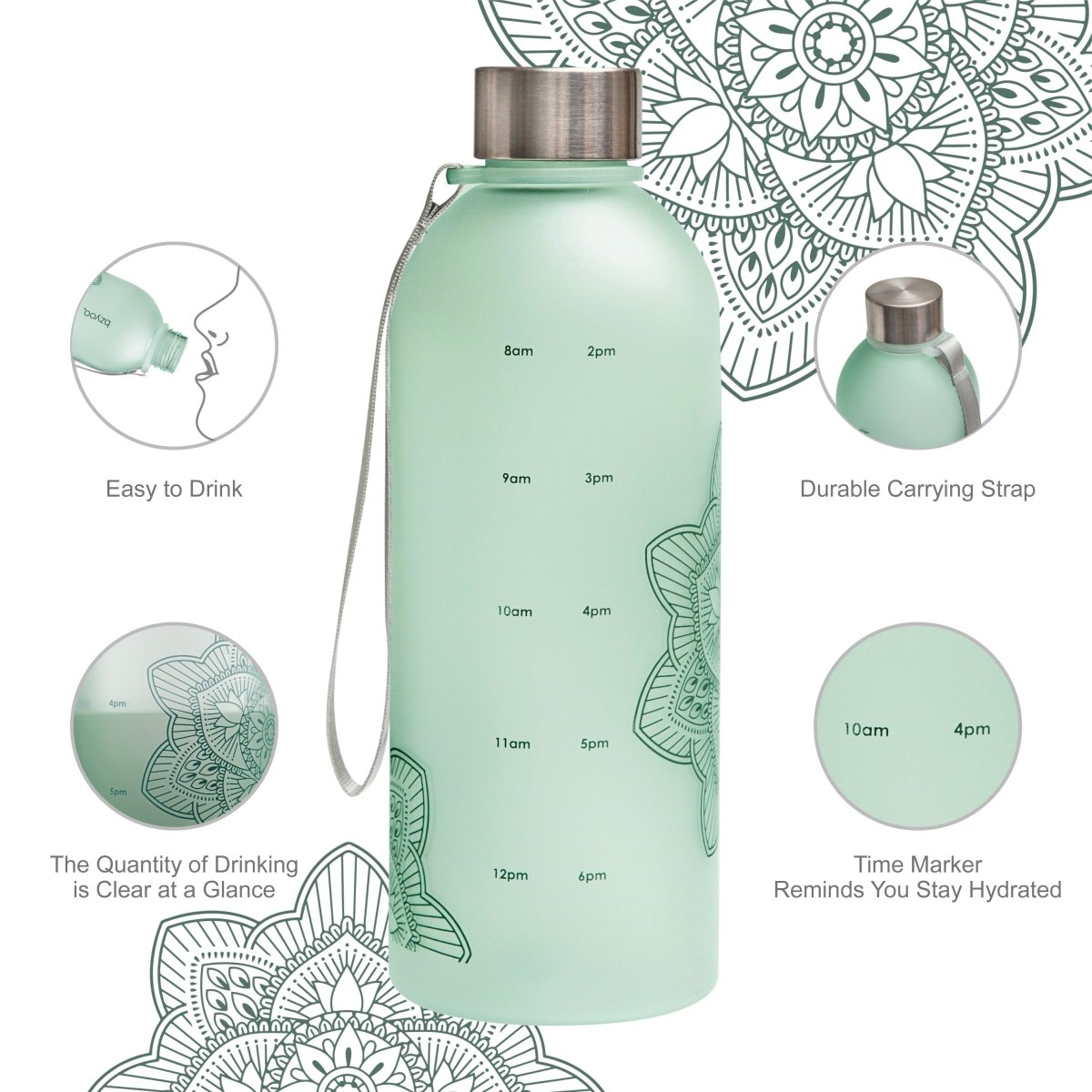 32oz La La Mandala Time Marker Tritan Water Bottle with Carrying Strap - BPA Free, Leak Proof, Motivational Water Tracking - Perfect for Gym, Hiking, Yoga & Daily Hydration (Green)