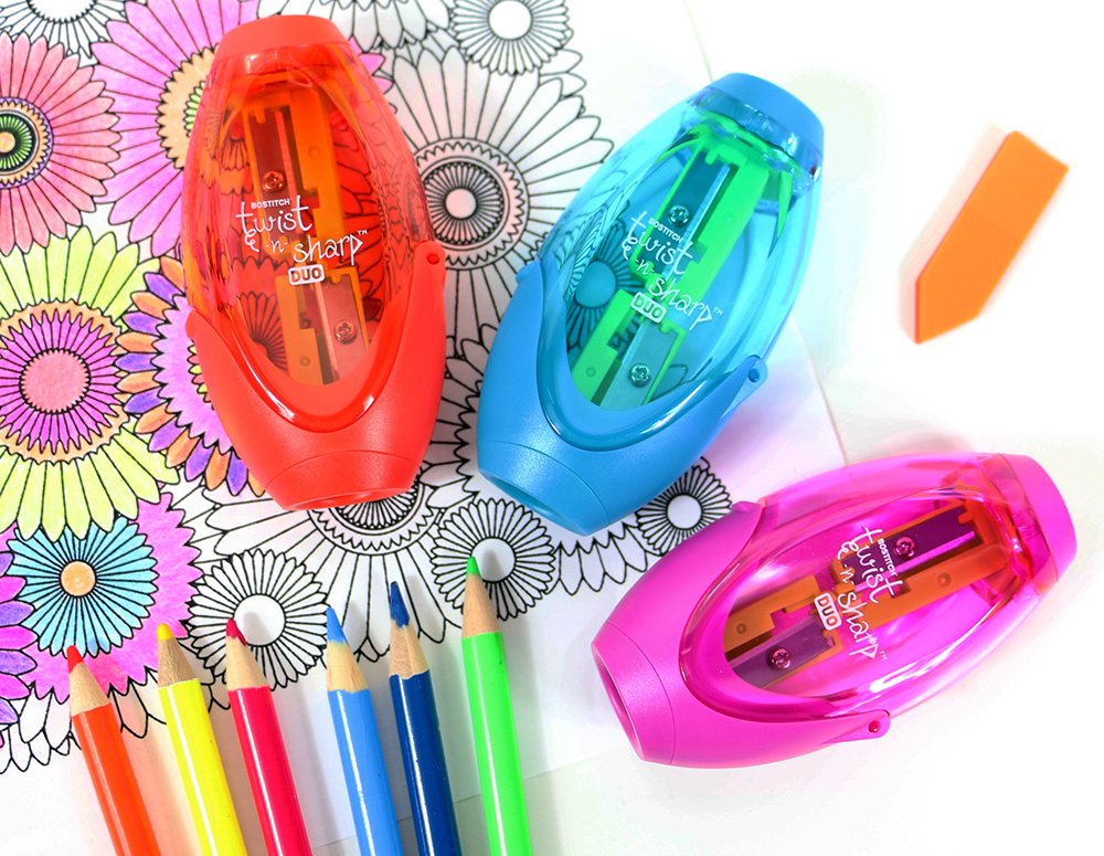 Bostitch Twist-N-Sharp Manual Pencil Sharpener - Dual Hole for Standard & Jumbo Pencils with Ratchet Technology - Random Color - Perfect for Office, School, and Art Projects