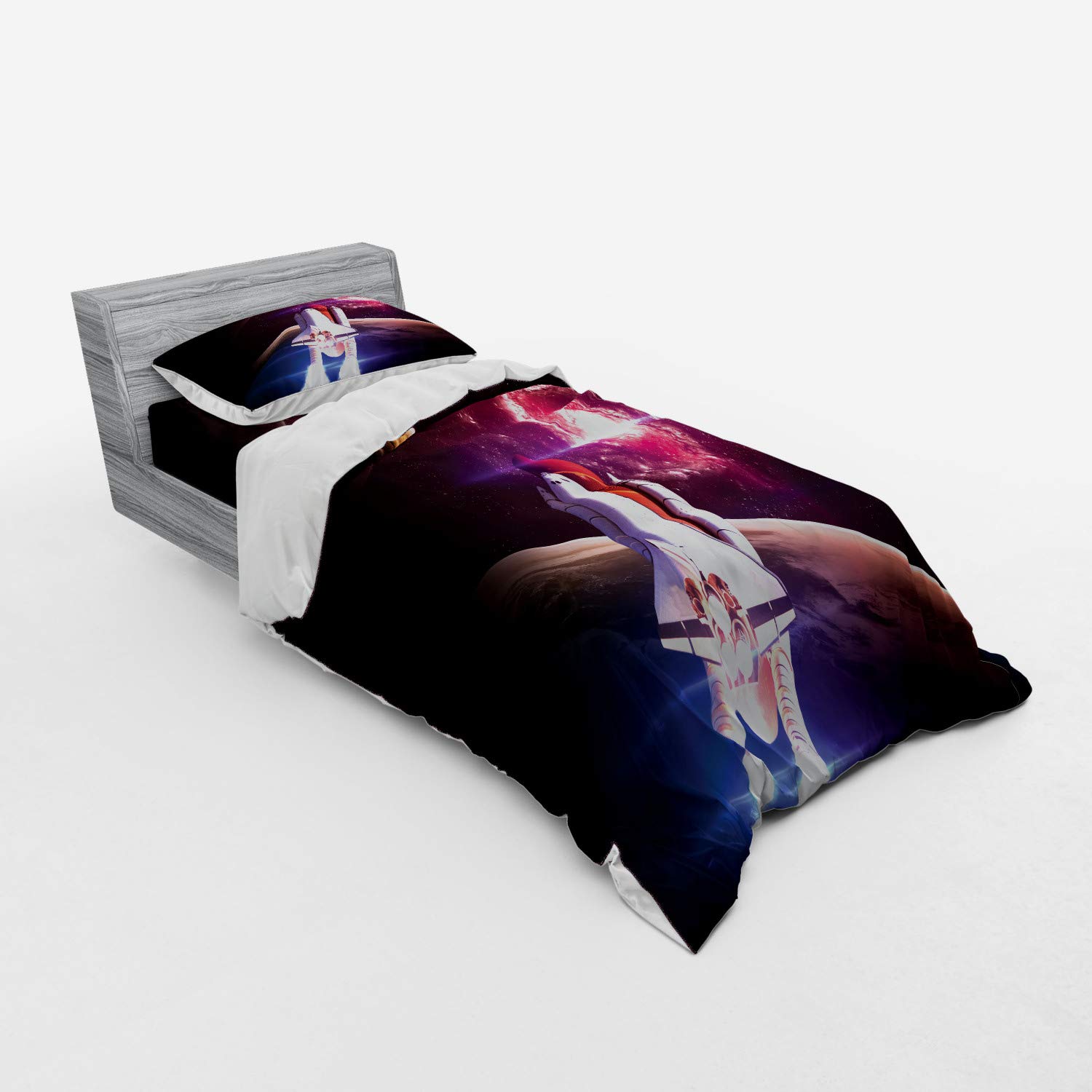 Ambesonne Galaxy Bedding Set - Twin XL 3-Piece Duvet Cover with Sham & Fitted Sheet, Spaceship & Milky Way Design in Magenta & White - Perfect for Space-Themed Bedrooms, Kids Rooms & Sci-Fi Decor