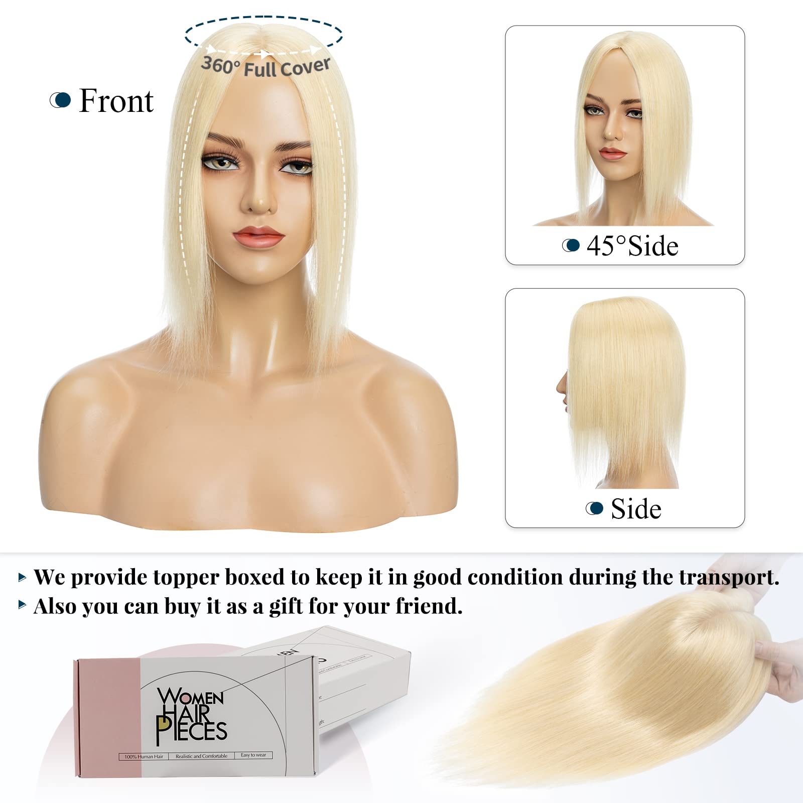 Benehair Clip-in Human Hair Topper for Women with Thinning Hair - 12 Inch 38g Remy Silk Base Hairpiece #613 Bleach Blonde - Natural Looking Hair Extensions for Daily Wear & Special Occasions