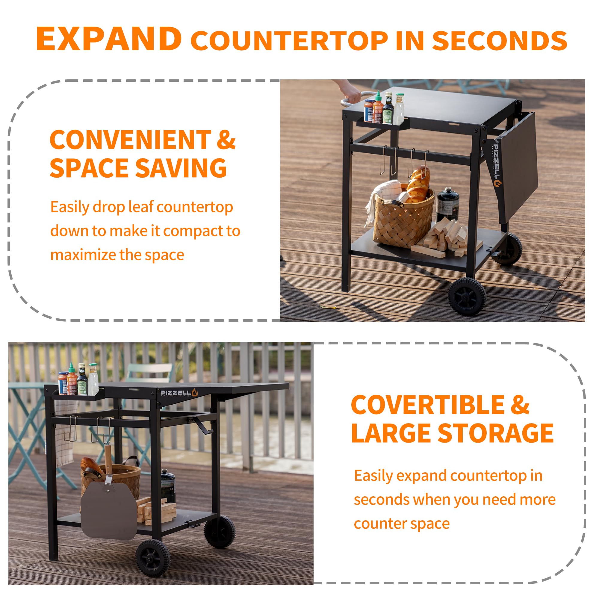 Premium Outdoor Grill Cart with Double Shelves - Foldable & Portable BBQ Table, Movable Food Prep Station, Pizza Oven Stand Trolley with 2 Wheels & Hooks - Perfect for Backyard BBQ, Camping, and Outdoor Kitchen Setup