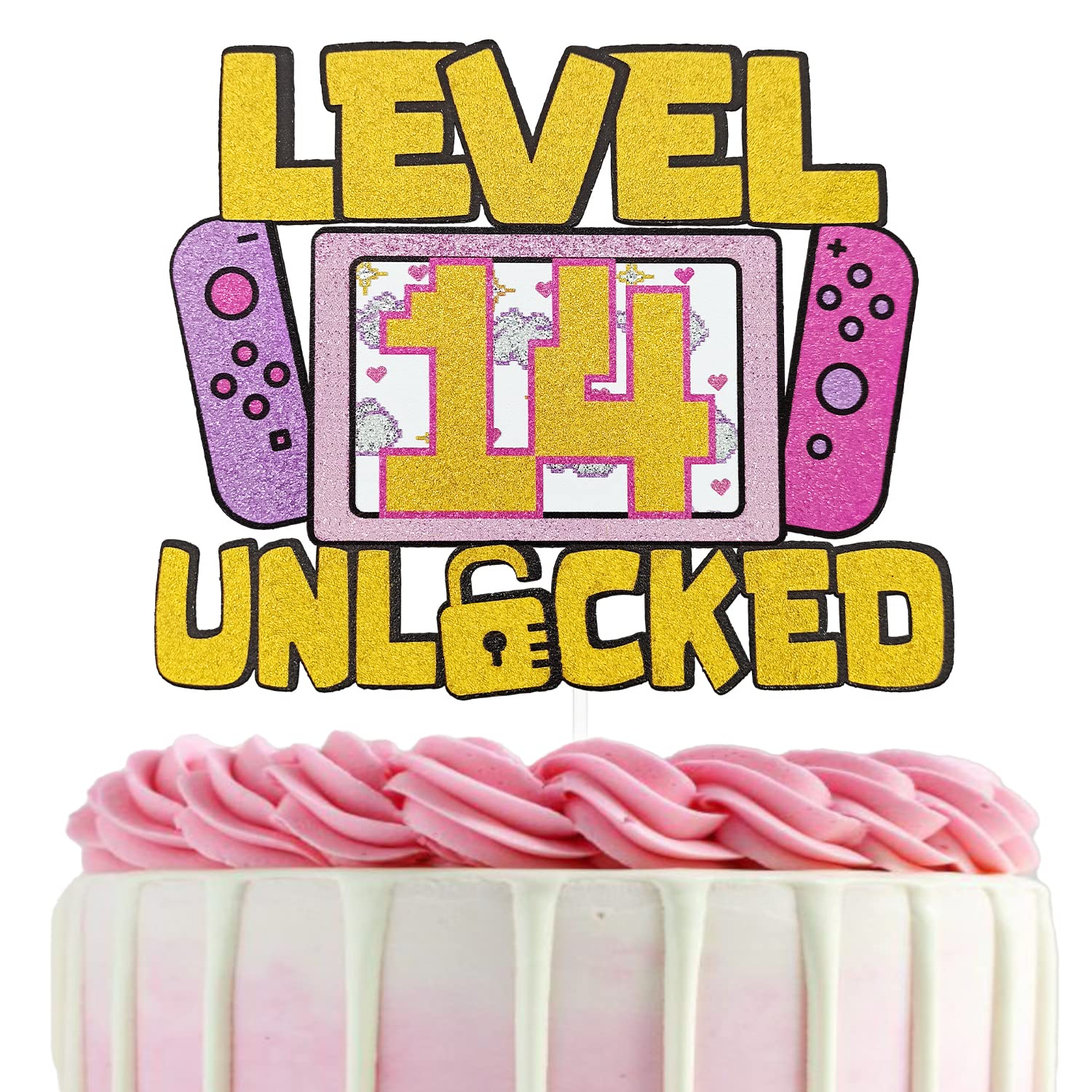 Girls Level 14 Unlocked Glitter Cake Topper - Video Game Themed Birthday Party Decoration for Girl Gamers | Perfect for 14th Birthday Cakes, Gaming Parties & Gamer Favors