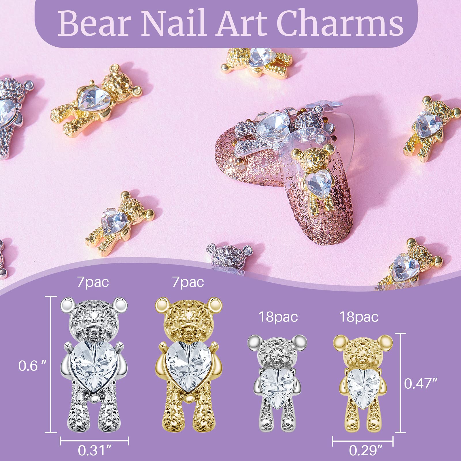 50Pcs 3D Bear Nail Art Charms - Cute Rhinestone Bear Nail Decorations for DIY Manicure | Gold & Silver Alloy Nail Accessories for Women | Perfect for Nail Salon, Party, Wedding & Gift Giving