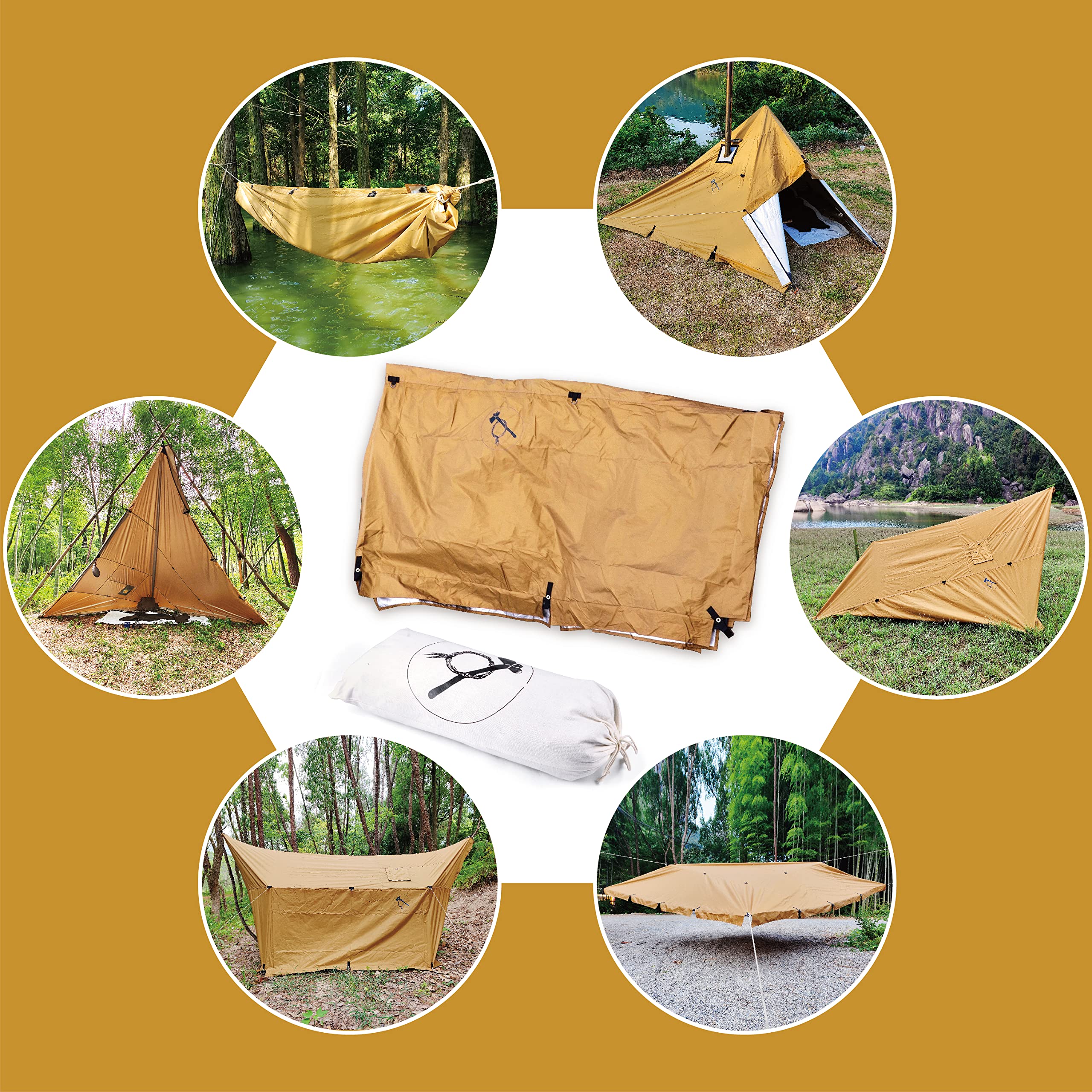 141INCH Waterproof 210D Oxford Tarp - Heavy Duty Camping Shelter with Stove Jack for Bushcraft, Hammock Camping, Backpacking & Outdoor Adventures