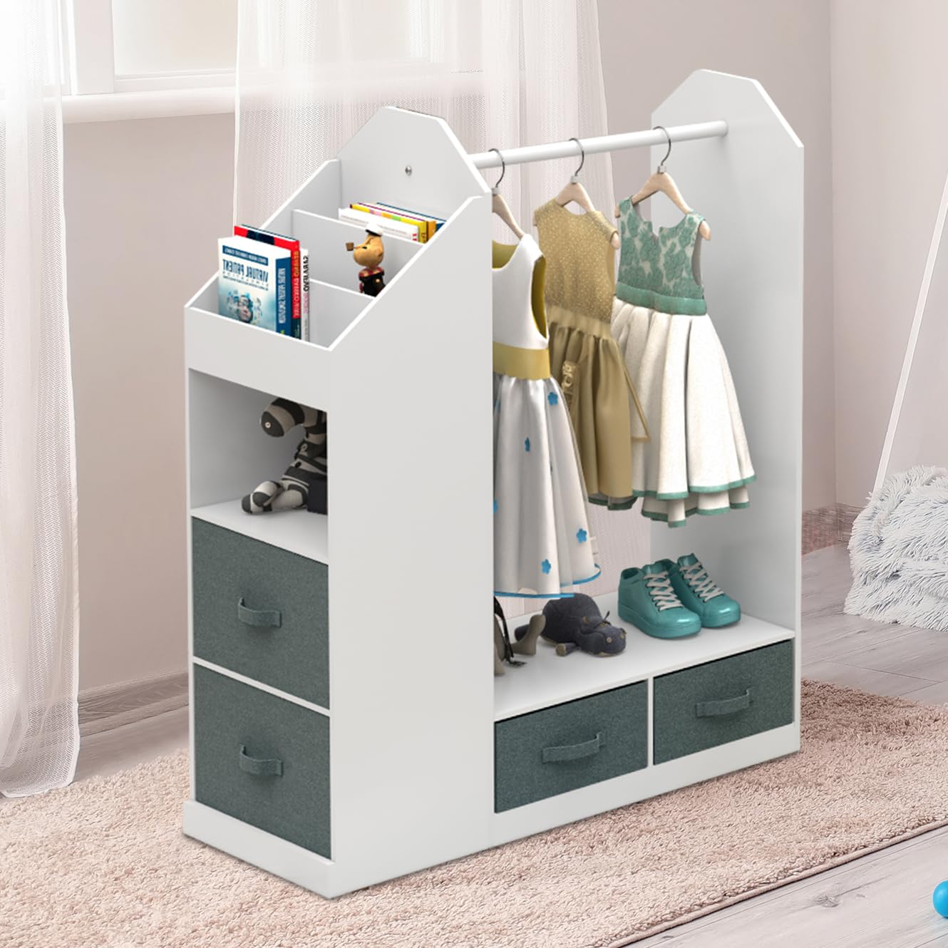 Kids Costume Organizer & Dress Up Storage Rack with Mirror & Storage Bin - Open Hanging Play Armoire Dresser for Pretend Play & Toy Organization - Perfect for Bedroom, Playroom & Daycare Storage Solutions