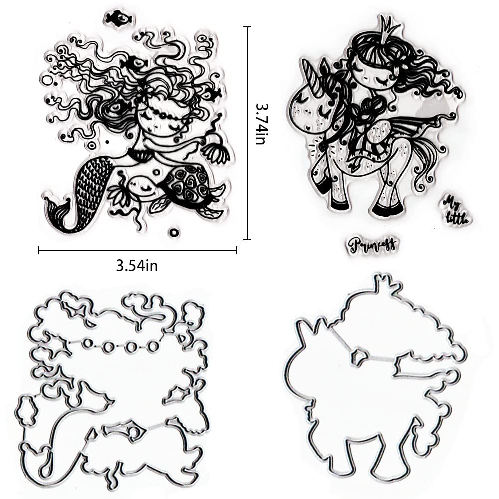 ALIBBON 2Pcs Mermaid Princess Stamps and Dies Set - Cartoon Sea Themed Rubber Stamps with Metal Cutting Dies for DIY Card Making, Scrapbooking & Photo Album Decorations - Perfect for Birthday Cards, Wedding Invitations & Craft Projects