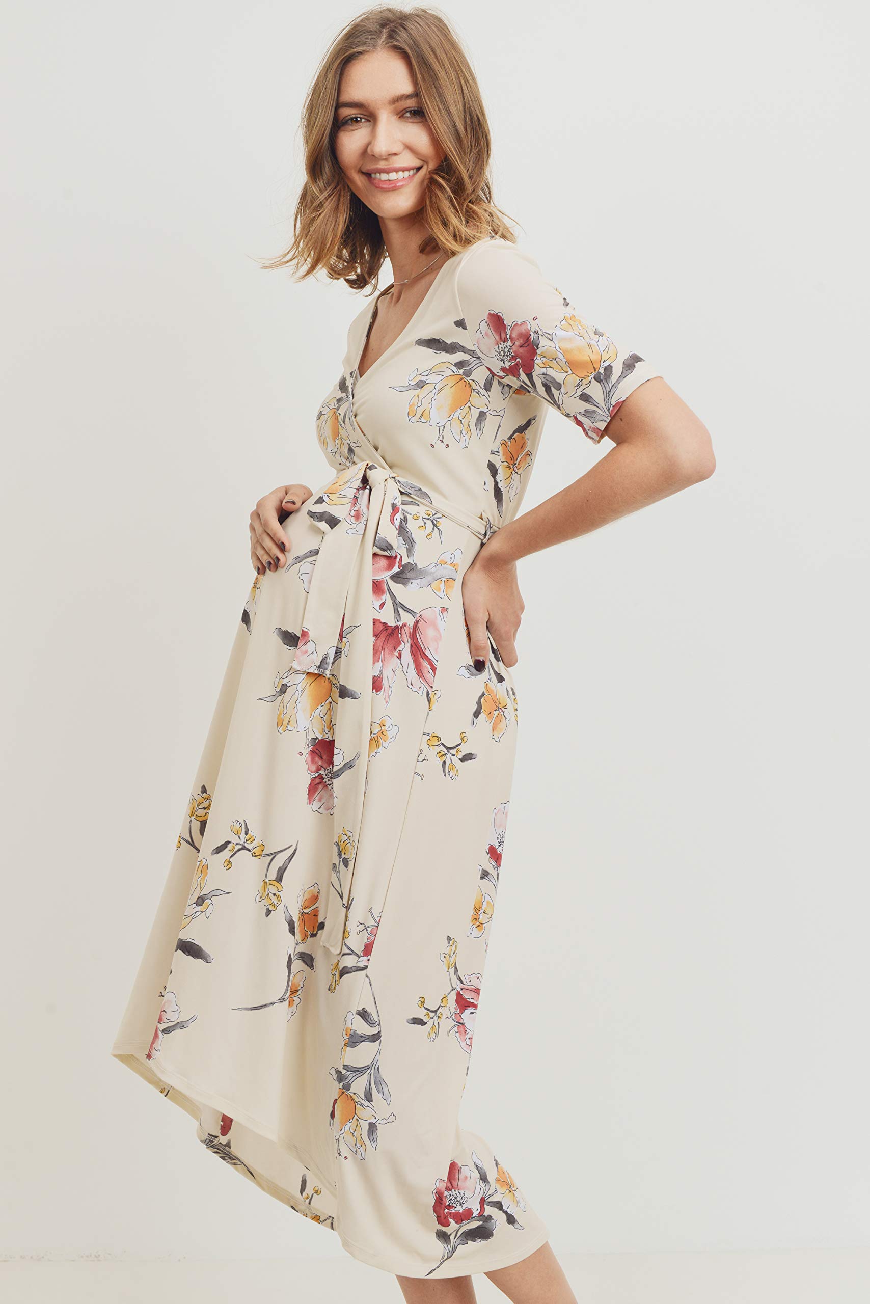 Maternity Wrap Dress for Women - Stretchy Midi Length with Adjustable Waist Belt | Perfect for Pregnancy, Nursing & Postpartum Comfort