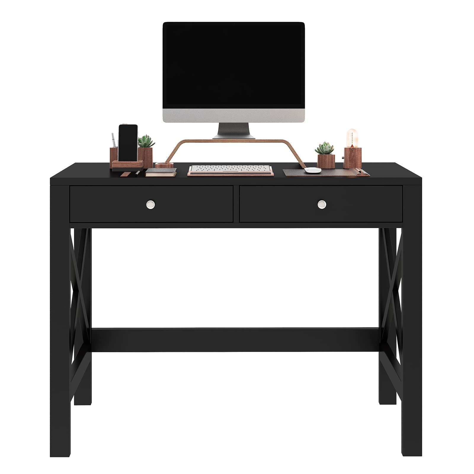 Modern Black Home Office Desk with Drawers - Writing Computer Desk & Makeup Vanity Table - Perfect for Small Spaces, Remote Work & Beauty Routines