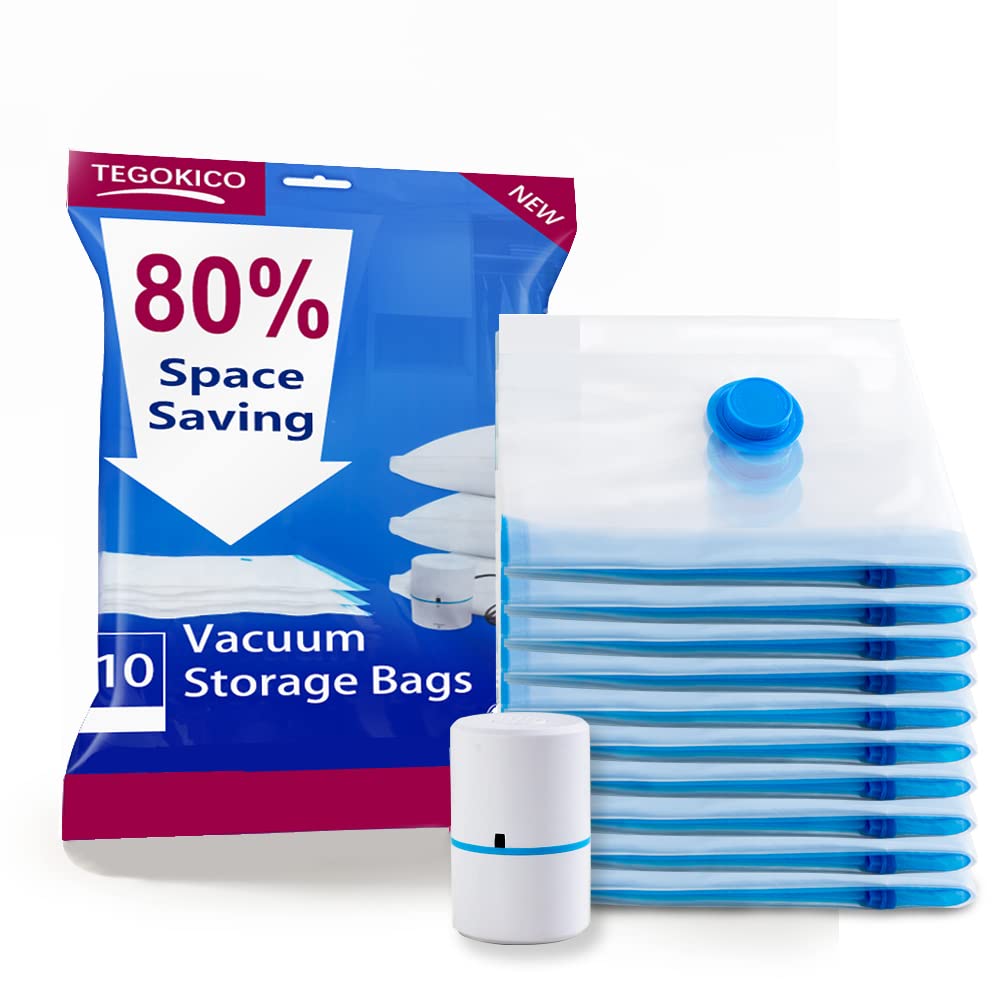 TEGOKICO 10-Pack Reusable Vacuum Storage Bags with Electric Pump - Space Saving Compression Bags for Clothes, Blankets, Pillows, Comforters & Travel - Perfect for Home Organization & Seasonal Storage