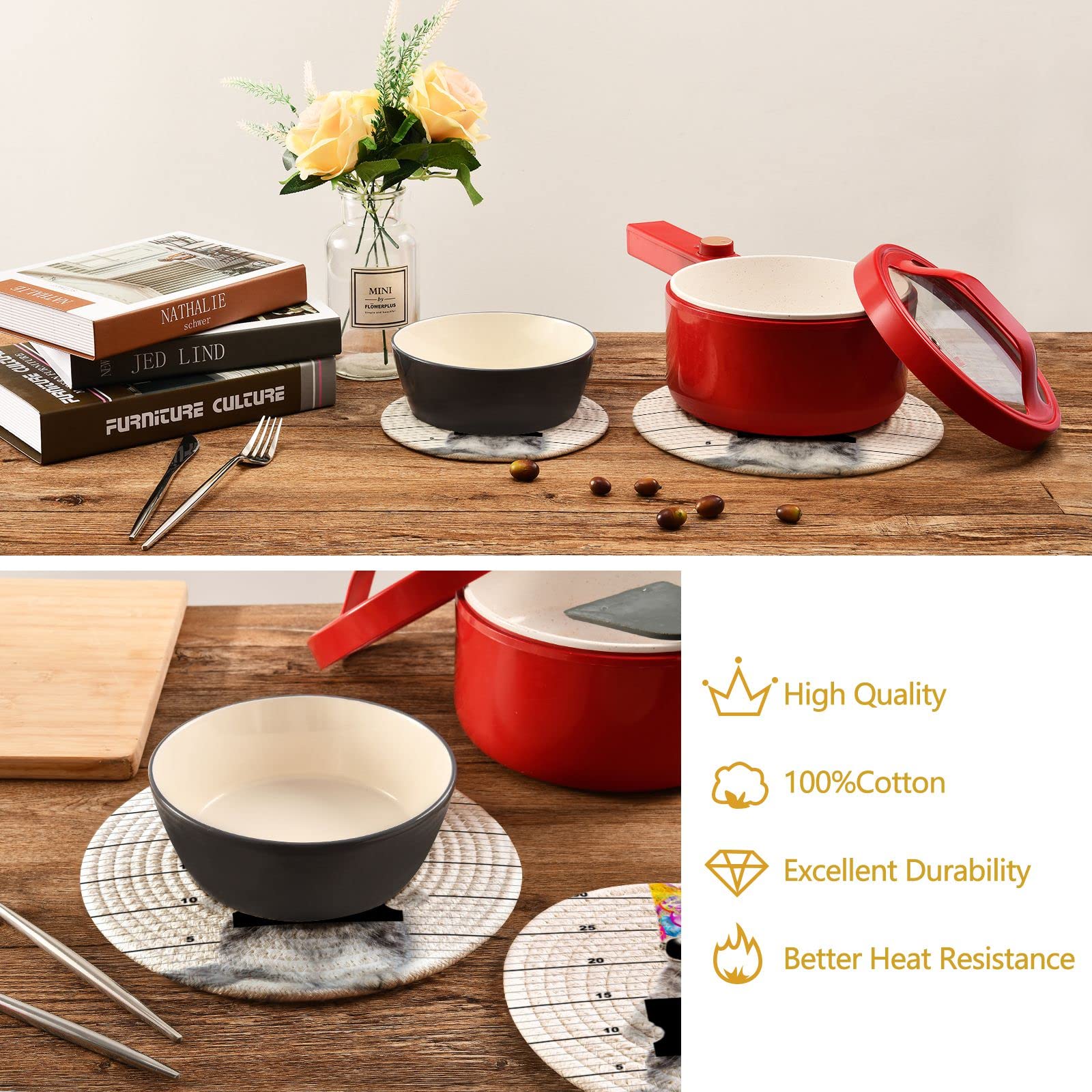 Funny Bad Cat Heat Resistant Trivets Set of 2 - Cute Cotton Woven Pot Holders for Hot Pans, Bowls & Teapots - Kitchen Decor & Party Essentials for Safe Serving & Stylish Dining