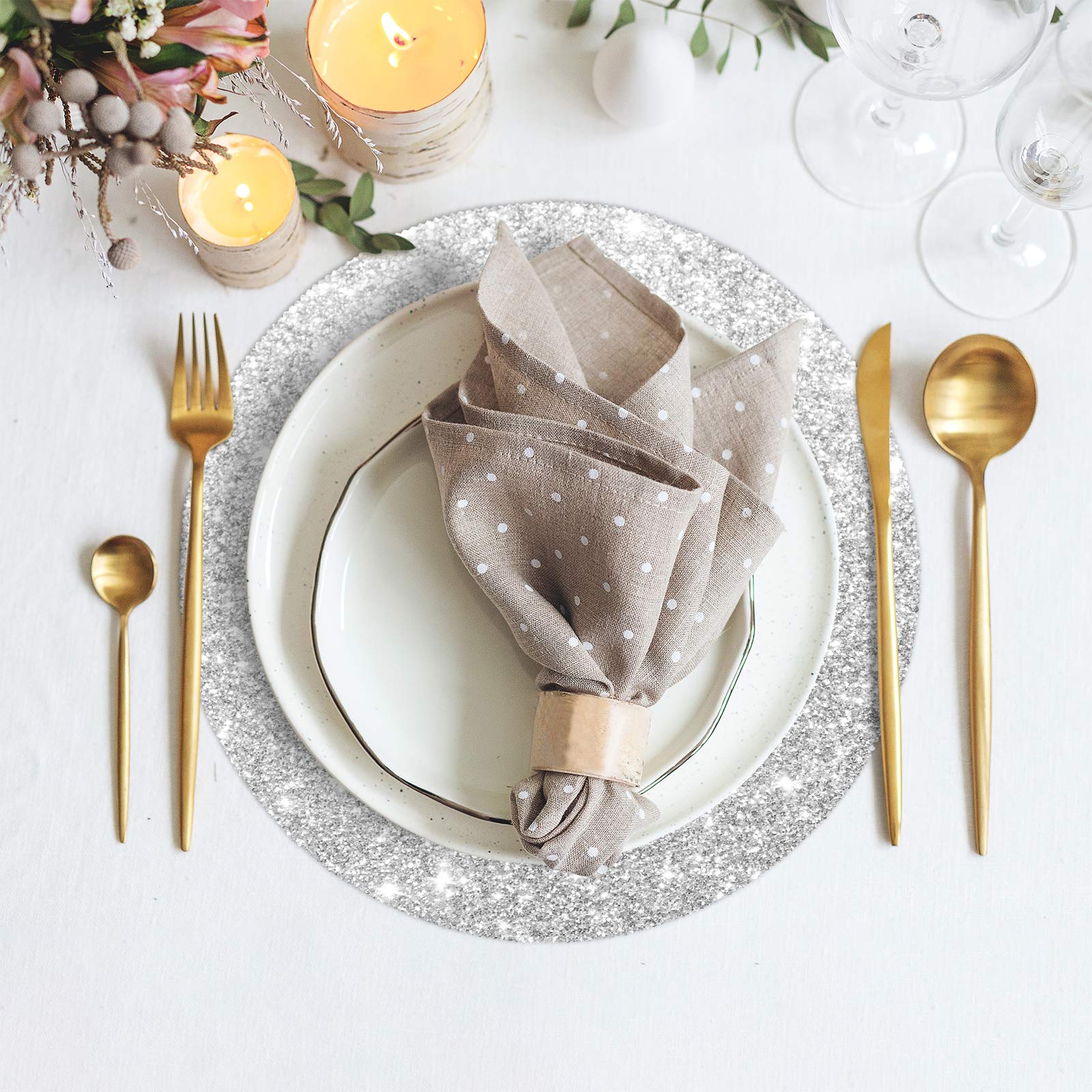 Sparkling Silver Glitter Round Placemats Set of 4 - 15.4 Inch Wedding & Dining Table Decor - Elegant Table Setting for Parties, Anniversaries & Special Occasions