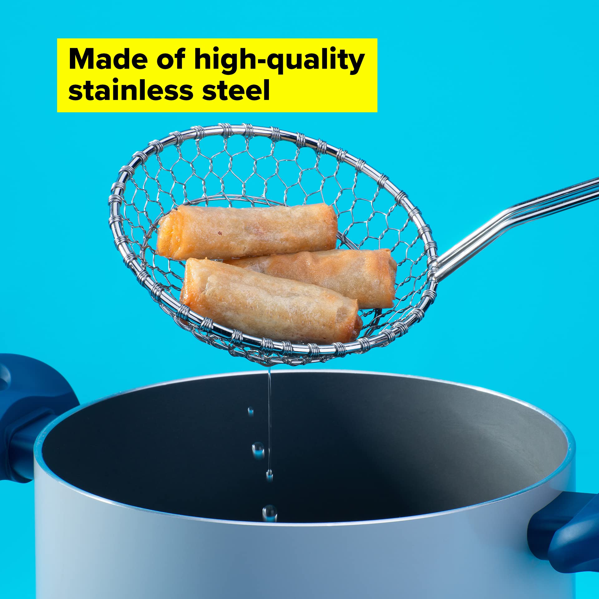 Premium Stainless Steel Spider Strainer Skimmer - Fine Mesh Kitchen Oil Strainer for Frying, Cooking & Deep Frying - Soft-Touch Handle with Dark Blue & Silver Finish - Perfect for Asian Stir Fry, Tempura, Donuts & French Fries