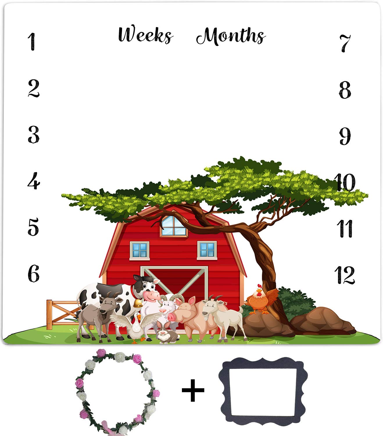Soft Forest Red House Farm Animals Baby Monthly Milestone Blanket - 48x48 Inch Cute Cartoon Photo Background Blanket for Newborn Photography, Nursery Decor & Memory Keepsake | Perfect for Girls & Boys First Year Milestones