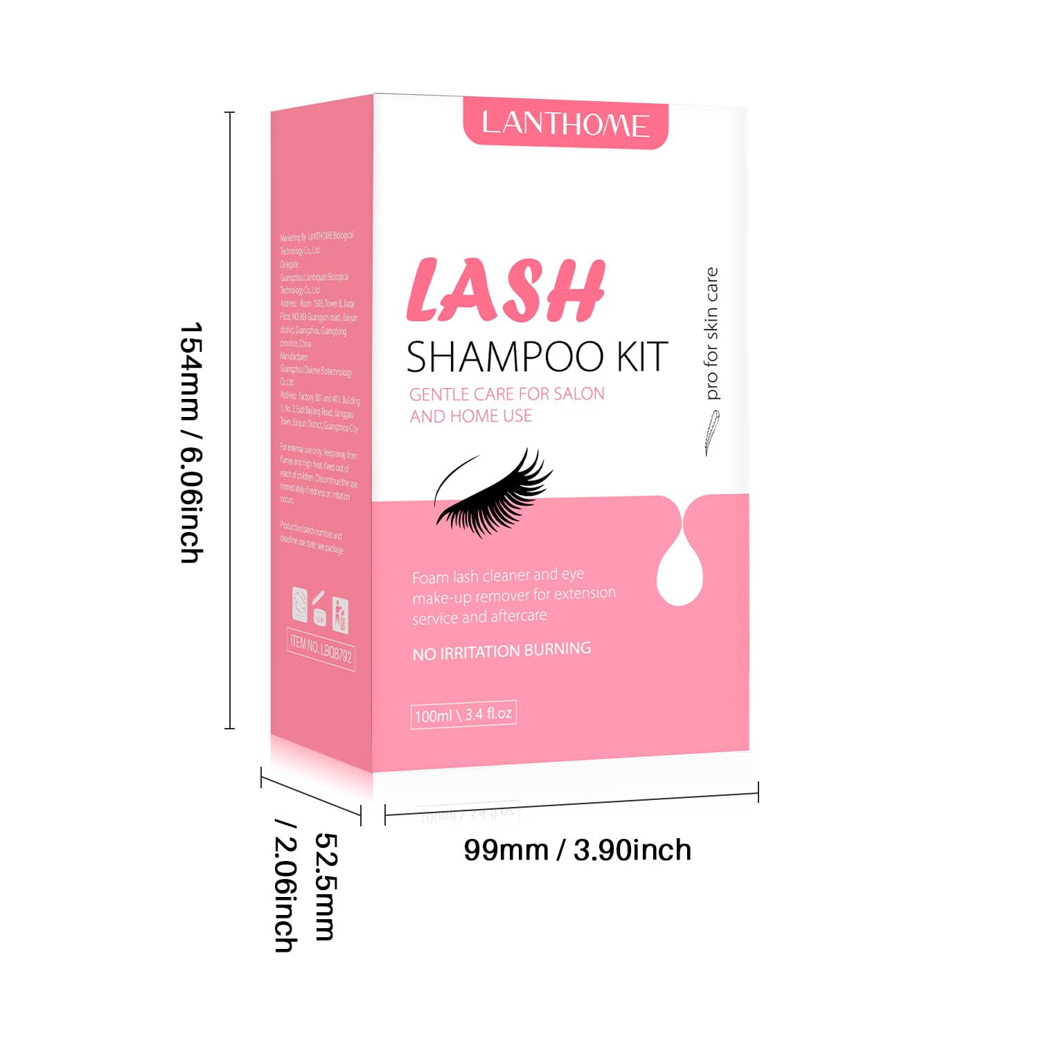 **LANTHOME Eyelash Extension Shampoo & Cleanser - 100ml /3.4 fl.oz Gentle Lash Foam Wash, No Irritation, Includes Brush & Bottle - Perfect for Salon & Home Use, Safe for Sensitive Eyes & Daily Lash Care**
