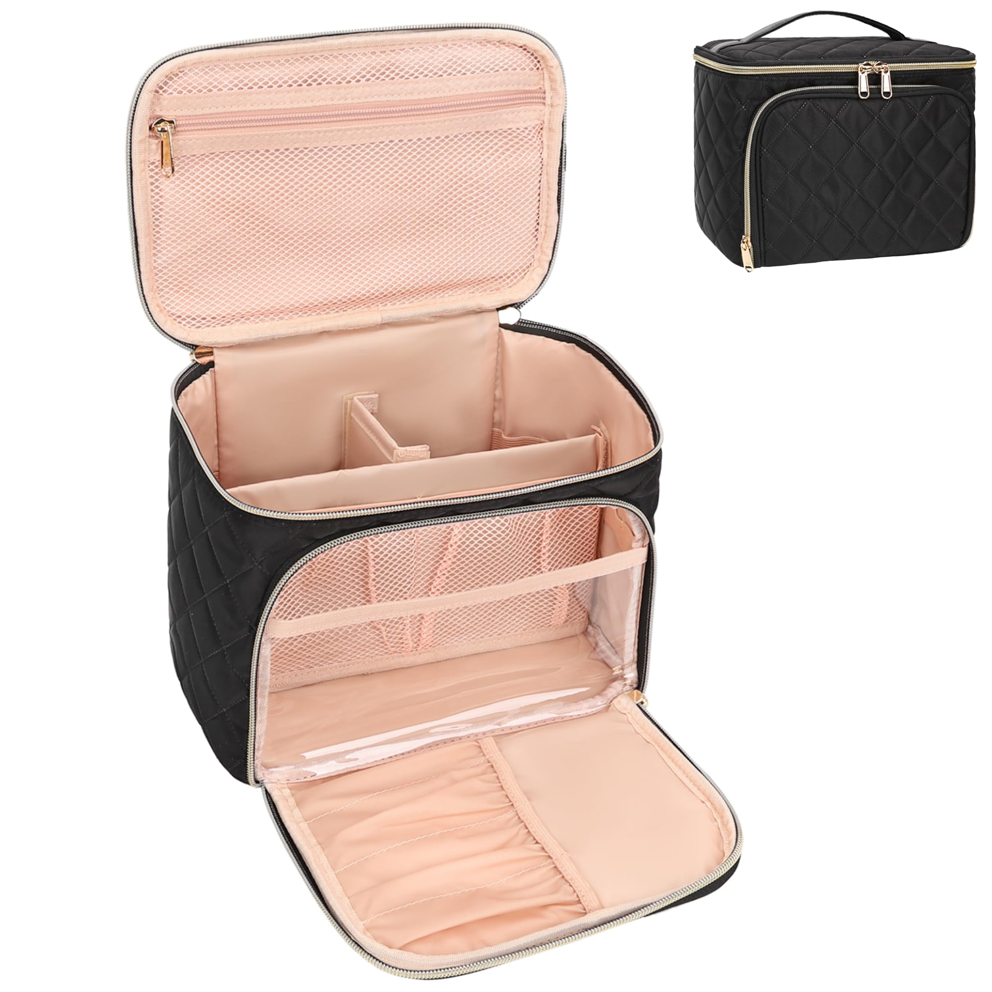 Relavel Large Waterproof Makeup Bag for Women - Travel Cosmetic Organizer with Adjustable Dividers & Brush Holder, Multi-Compartment Makeup Case (Black) - Perfect for Travel, Home Storage & Daily Beauty Essentials