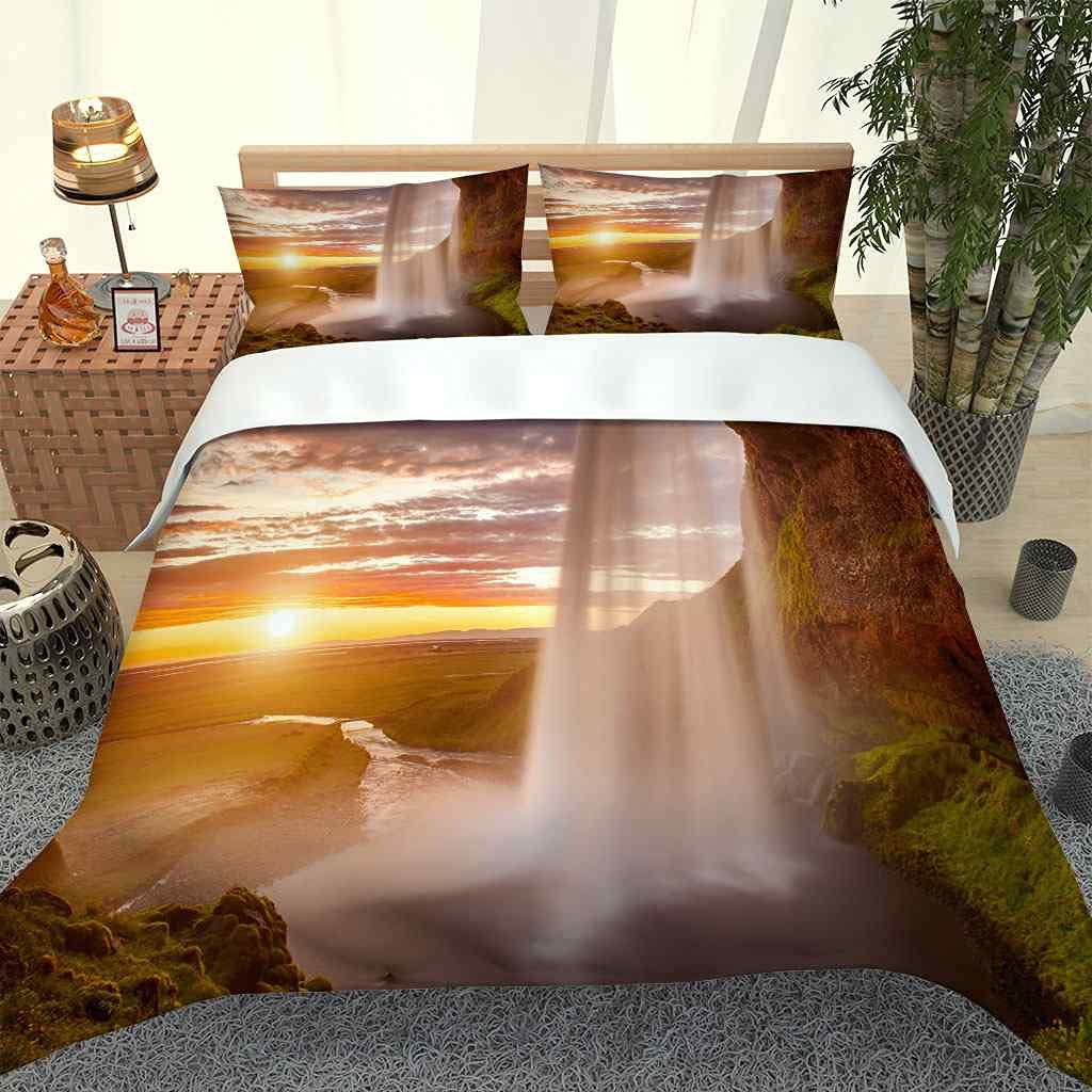 Queen Size Duvet Cover Set 90x90 Inches - Sunset Waterfall Landscape Design, Soft Microfiber Bedding with Zipper Closure & Corner Ties, Includes 2 Pillow Shams | Modern Bedroom Decor for Cozy Sleep & Guest Room Upgrade