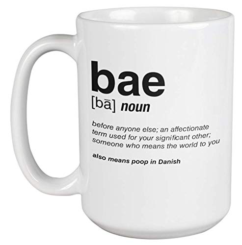 Funny Coffee Mug - 'Bae Also Means Poop in Danish' - 15oz Ceramic Cup Gift for Language Teachers, Writers, Linguists & Couples - Perfect for Office, Home & Gag Gifts