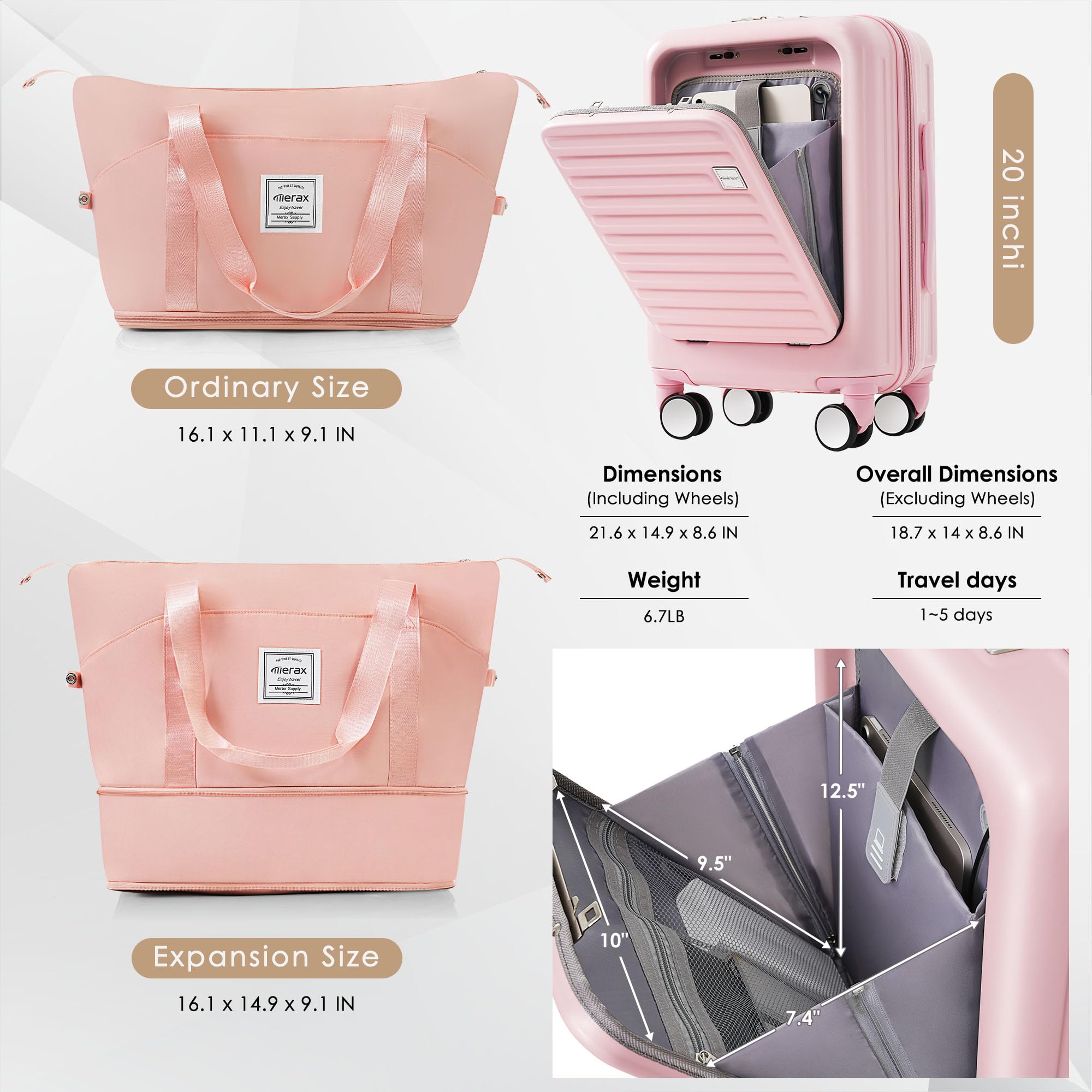 Merax 2-Piece Lightweight Spinner Luggage Set with Built-in USB Port, Cup Holder & TSA Lock - Includes Cosmetic Carry On Bag (Baby Pink) - Perfect for Air Travel, Business Trips & Vacation Getaways