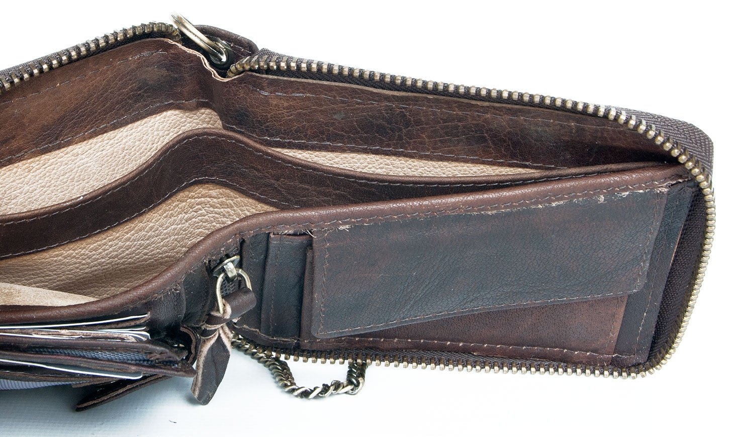 Genuine Leather Zipper Wallet with Chain - Dark Brown for Men's Daily Use