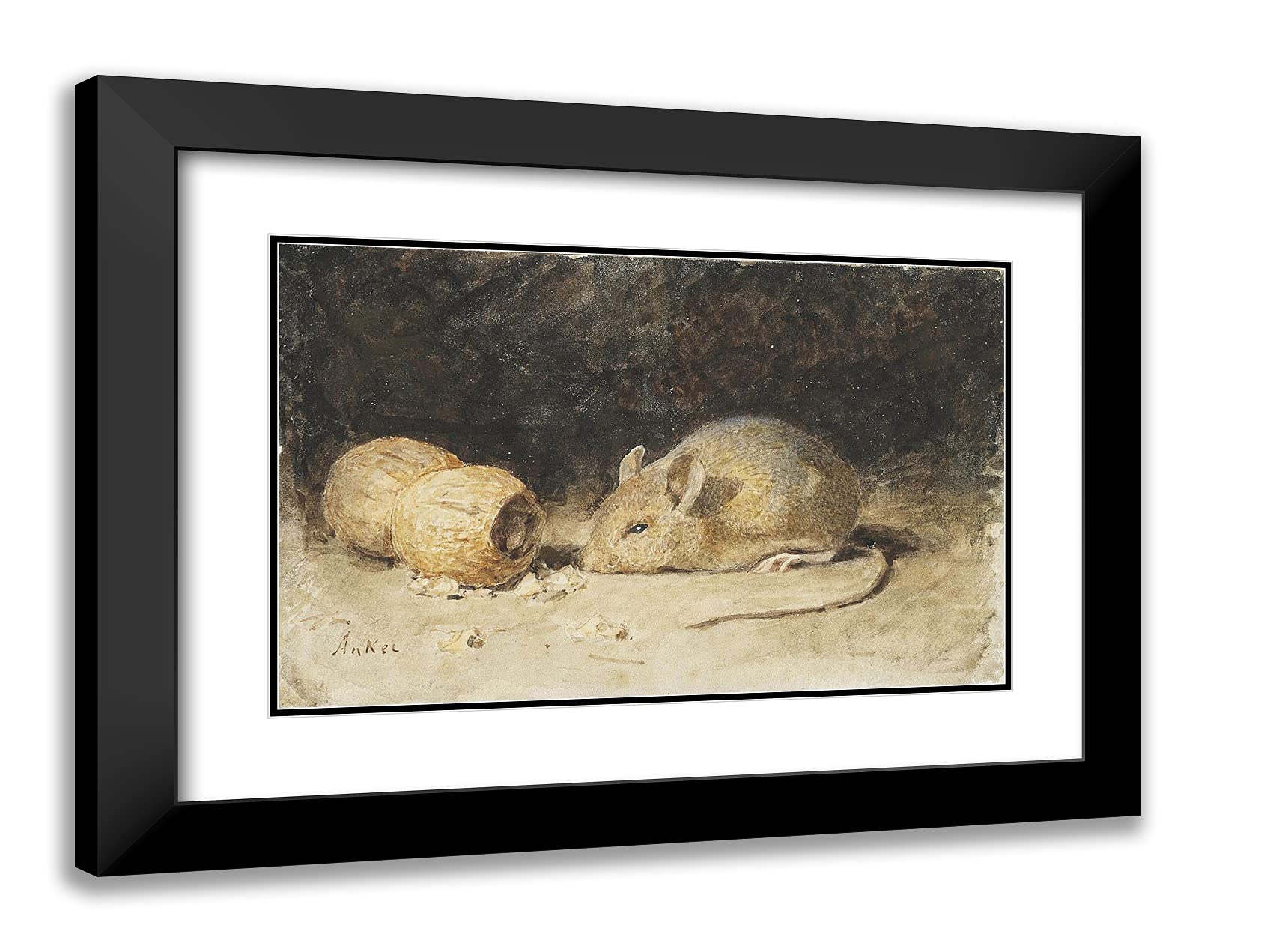 Albert Anker 'A Mouse with a Peanut' 24x18 Inch Black Modern Framed Art Print with Double Matting - Perfect for Living Room, Bedroom, or Office Wall Decor