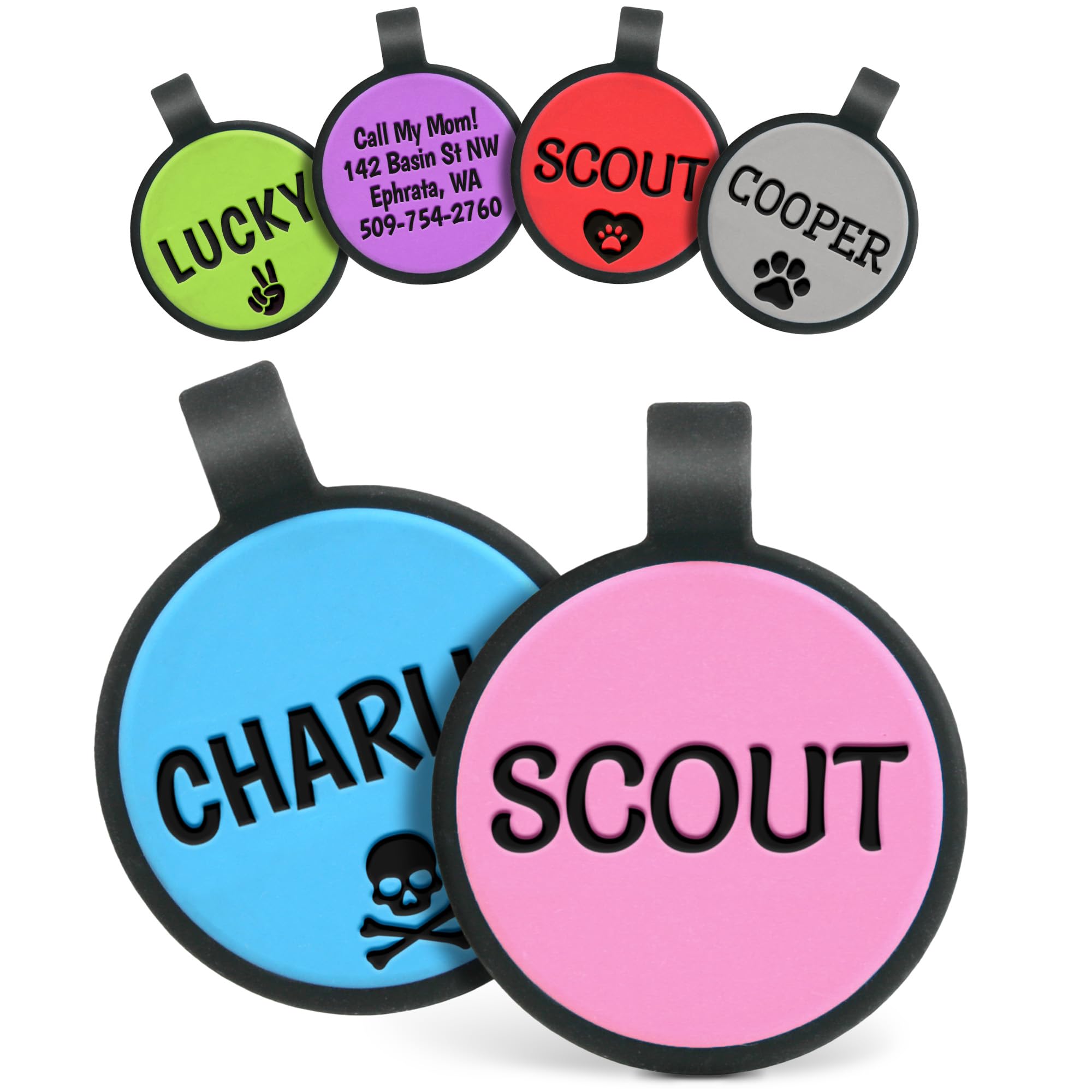 Silent Personalized Pet ID Tags - Custom Engraved Silicone Dog & Cat Tags with Cute Designs, Noiseless Pet Collar Accessories (Round, Pink) - Perfect for Quiet Nighttime Walks & Sensitive Pets