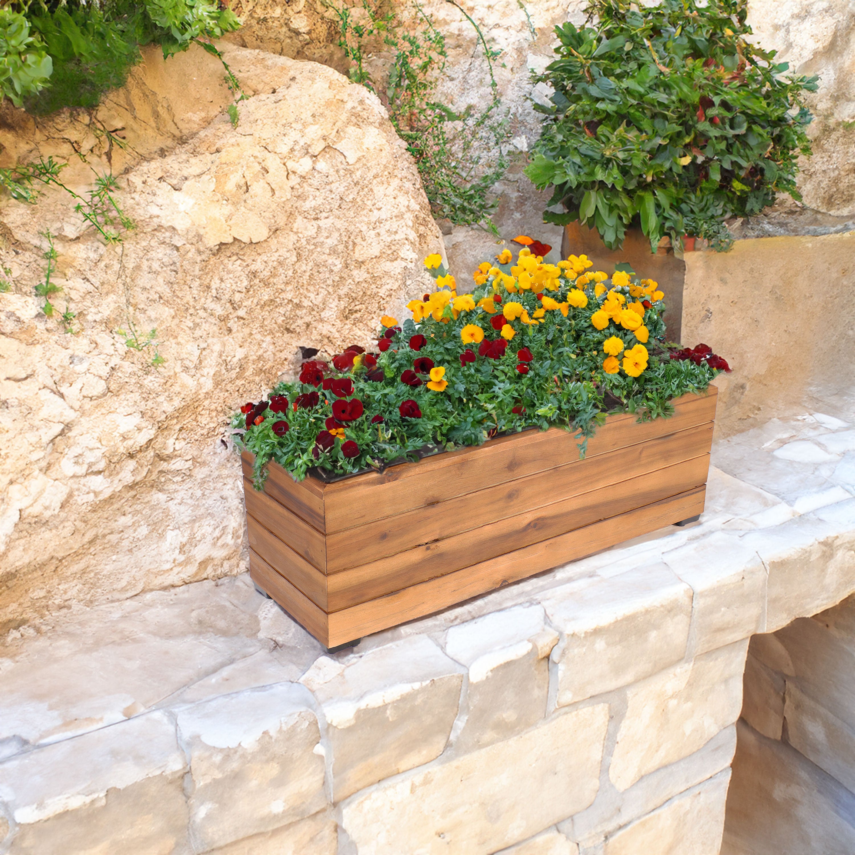Sunnydaze Rectangular Wood Planter Box with Plastic Liner - Outdoor Garden Decor for Flowers, Herbs & Plants - Perfect for Patio, Deck & Backyard Landscaping